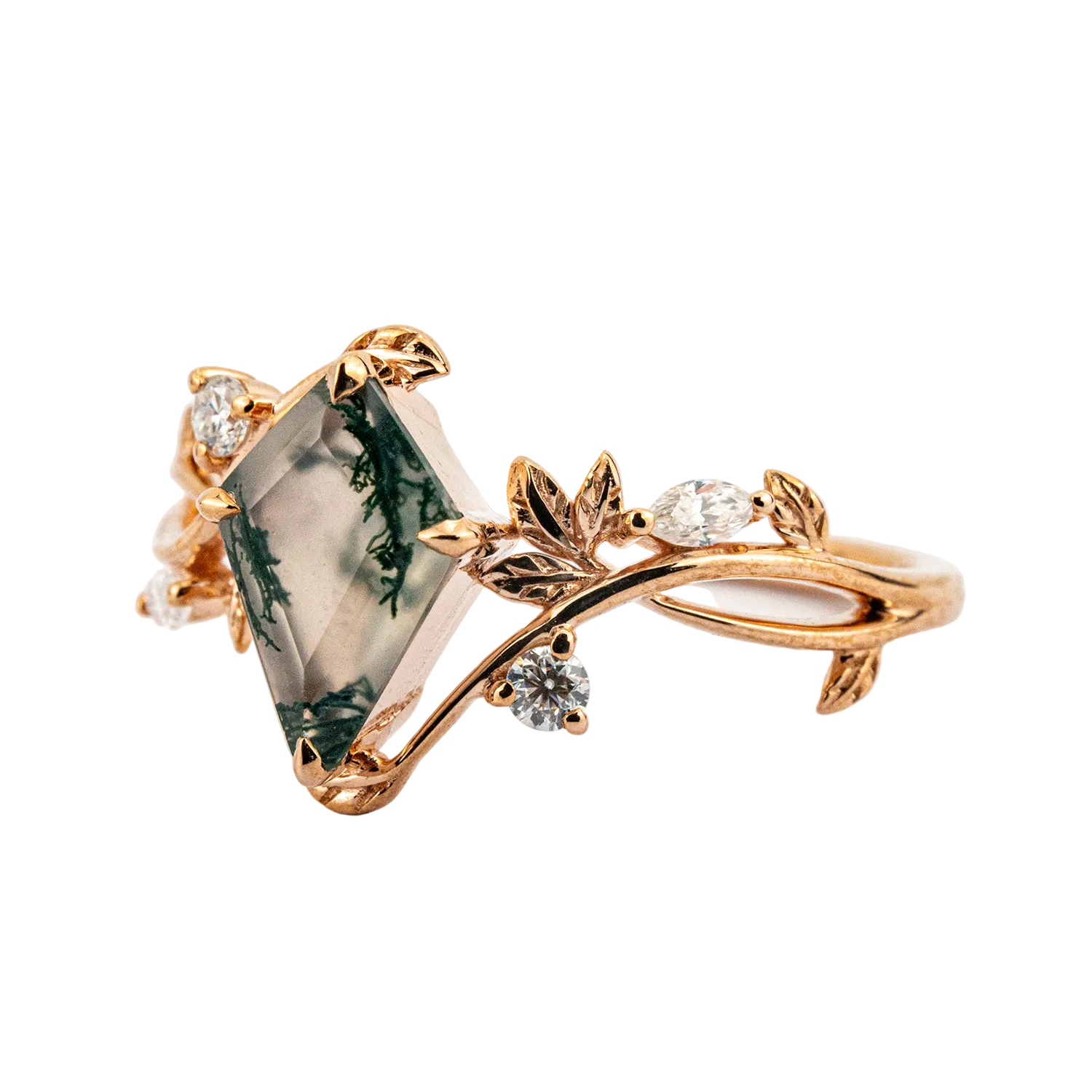 Product view of Kite Cut Moss Agate Engagement Ring in Gold