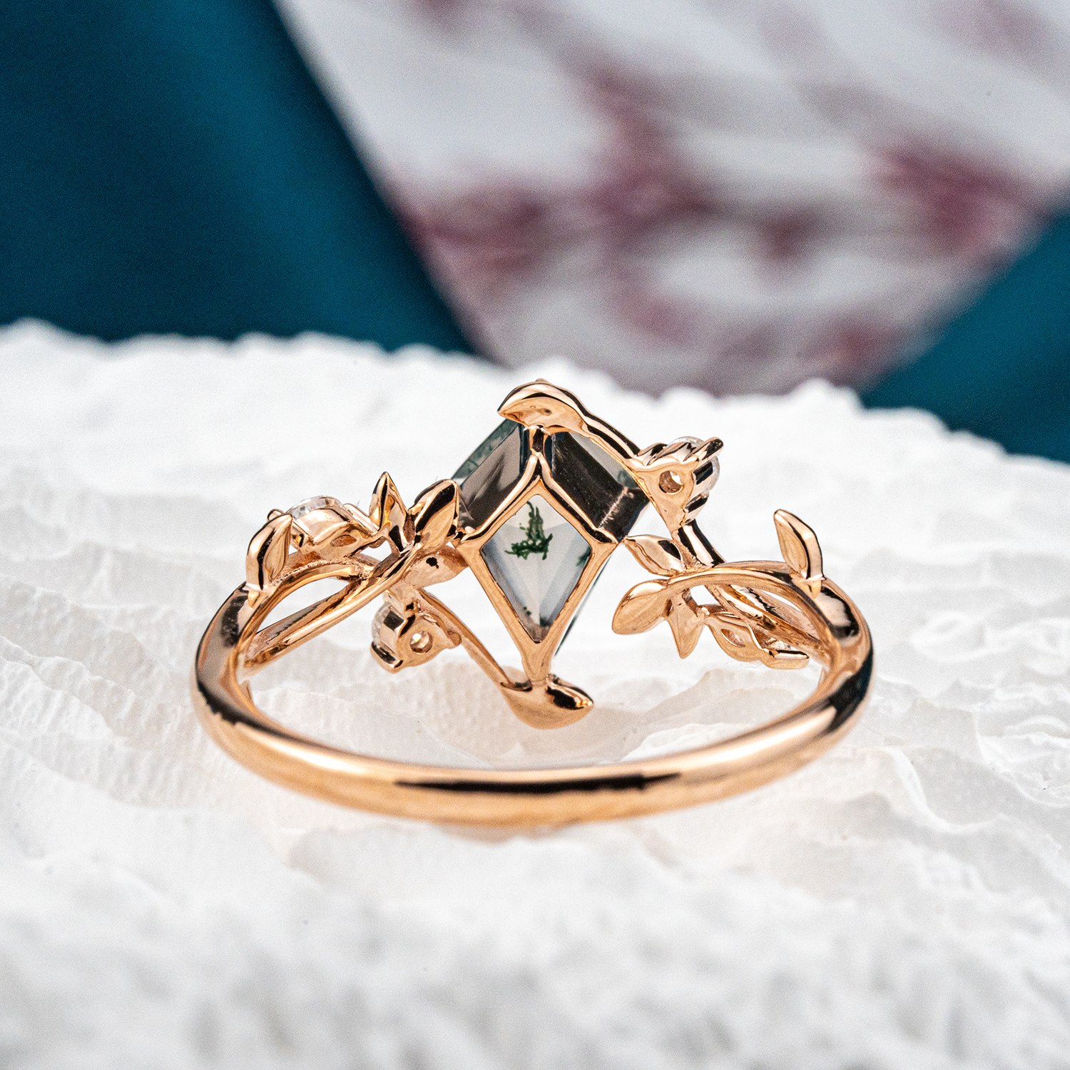Kite Cut Moss Agate Wedding Ring Agate Leaf Engagement Ring Match Ring For Couple