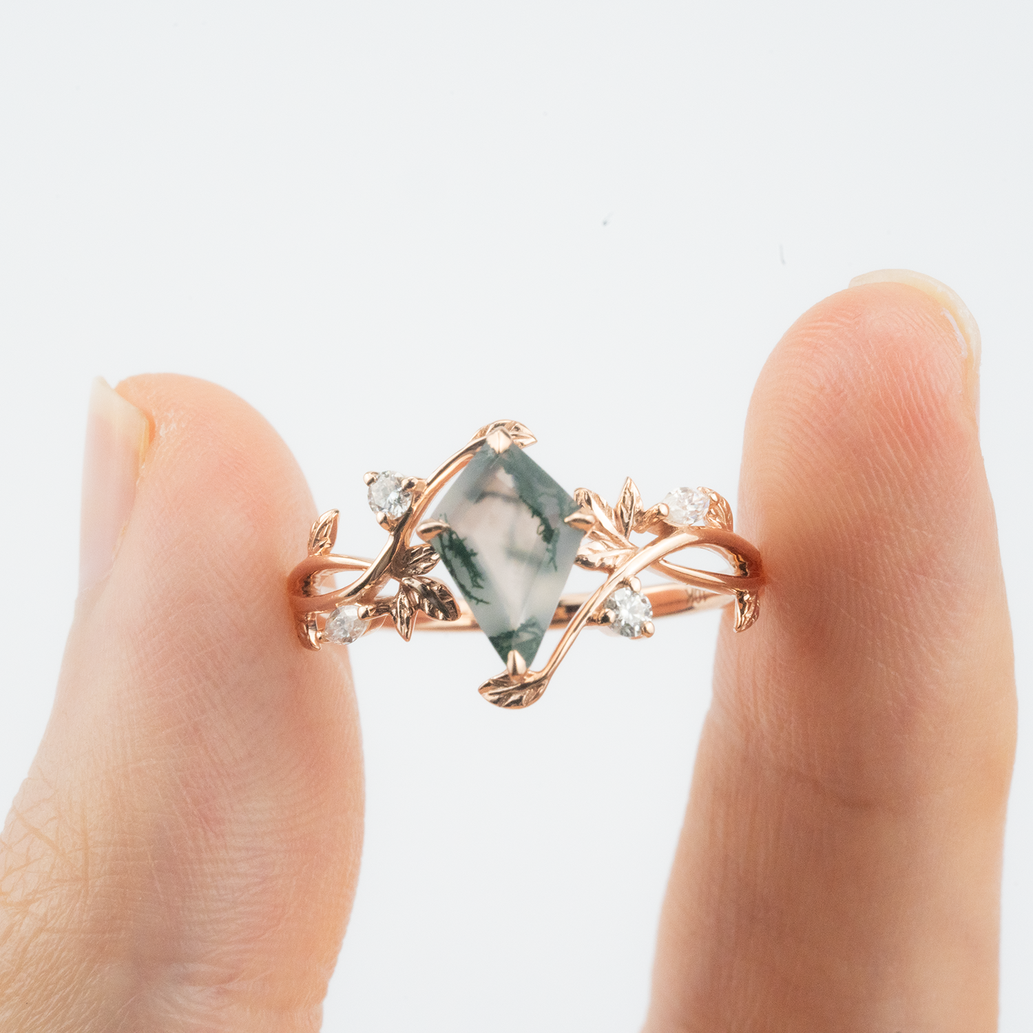 Kite Cut Moss Agate Wedding Ring Agate Leaf Engagement Ring Match Ring For Couple