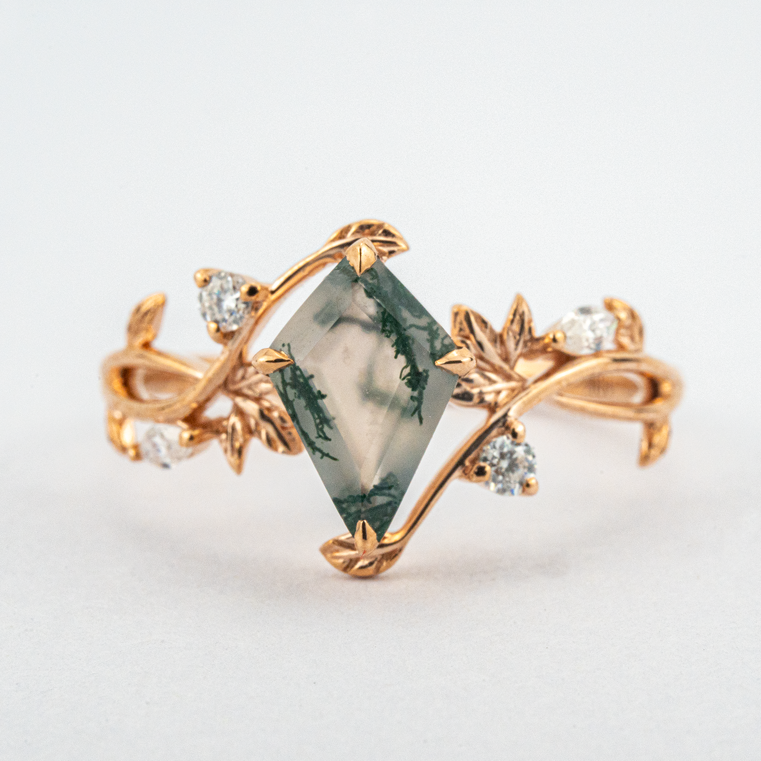 Kite Cut Moss Agate Wedding Ring Agate Leaf Engagement Ring Match Ring For Couple