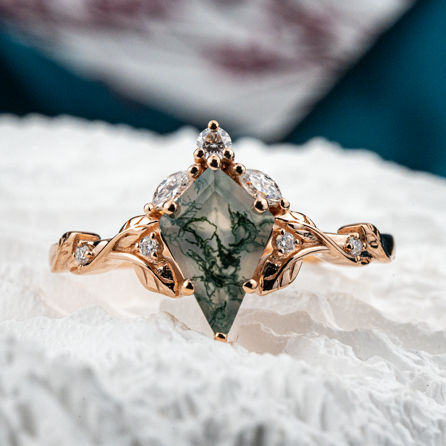Kite Moss Agate Bridal jewelry Dainty engagement rings Floral Ring Leaf Ring
