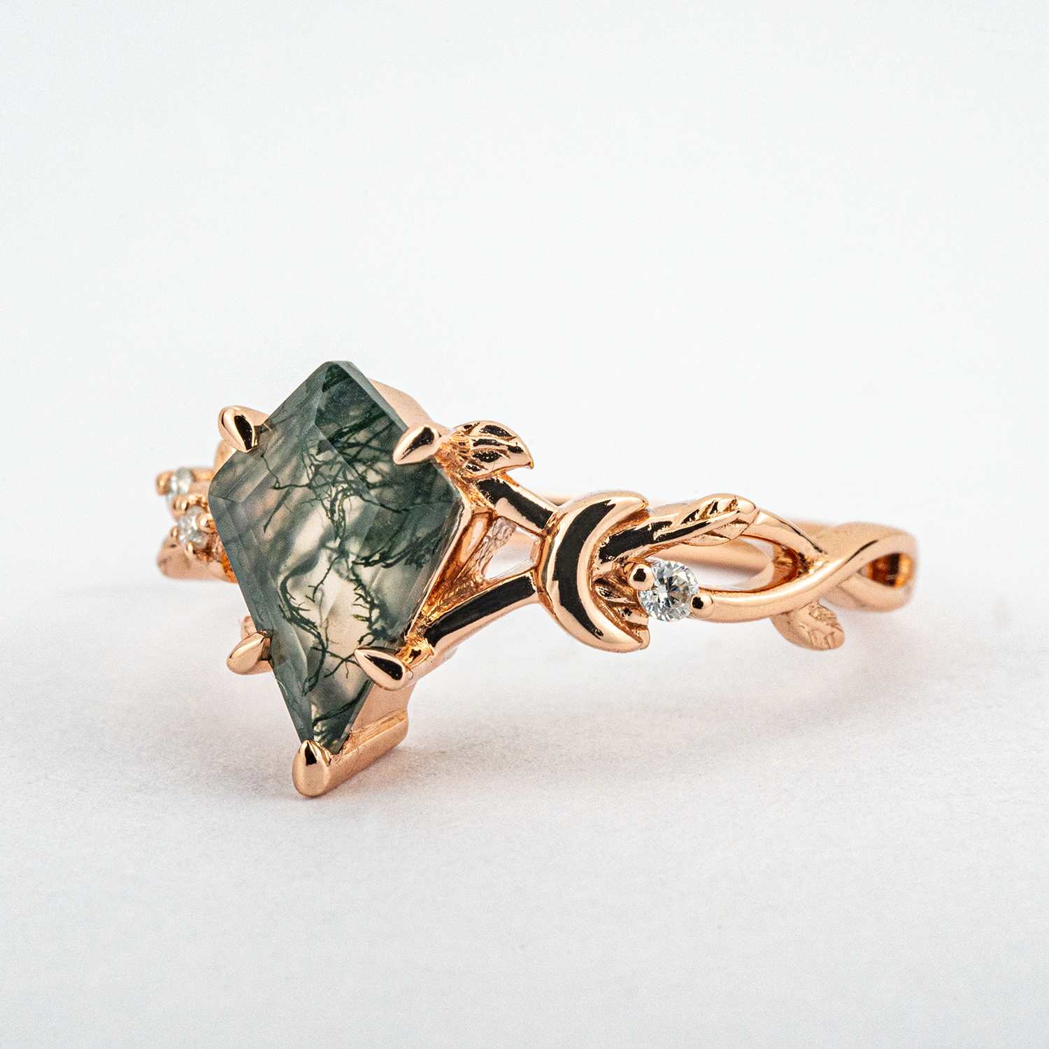 Kite Moss Agate Leaf Engagement Ring Rose Gold Handmade Jewelry Floral Engagement Ring
