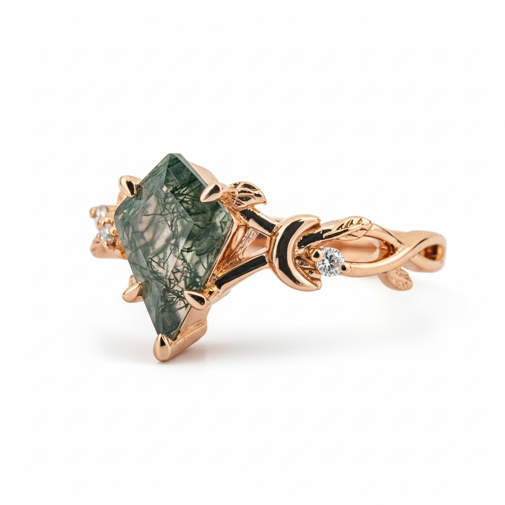 Product view of Kite Cut Moss Agate Engagement Ring in Rose Gold