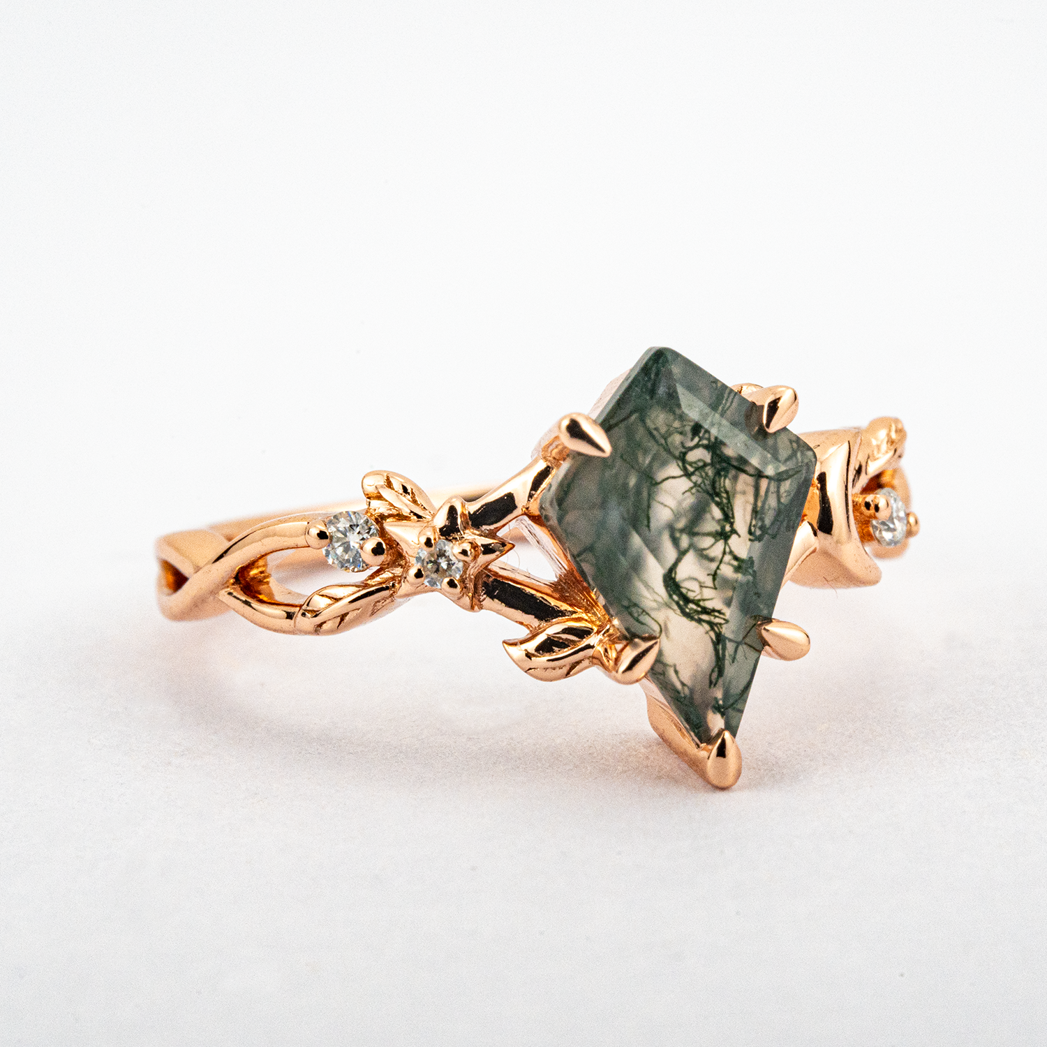 Kite Moss Agate Leaf Engagement Ring Rose Gold Handmade Jewelry Floral Engagement Ring