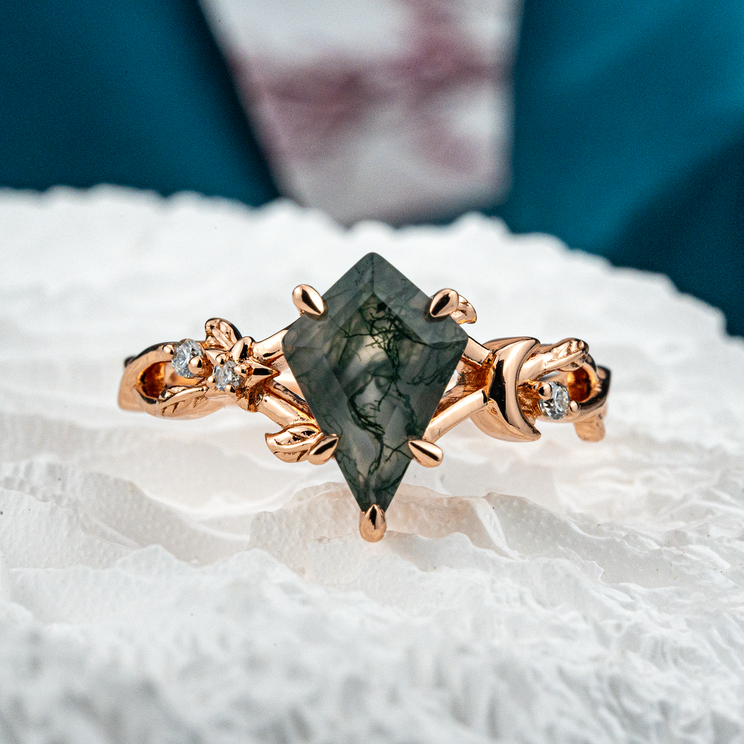 Kite Moss Agate Leaf Engagement Ring Rose Gold Handmade Jewelry Floral Engagement Ring
