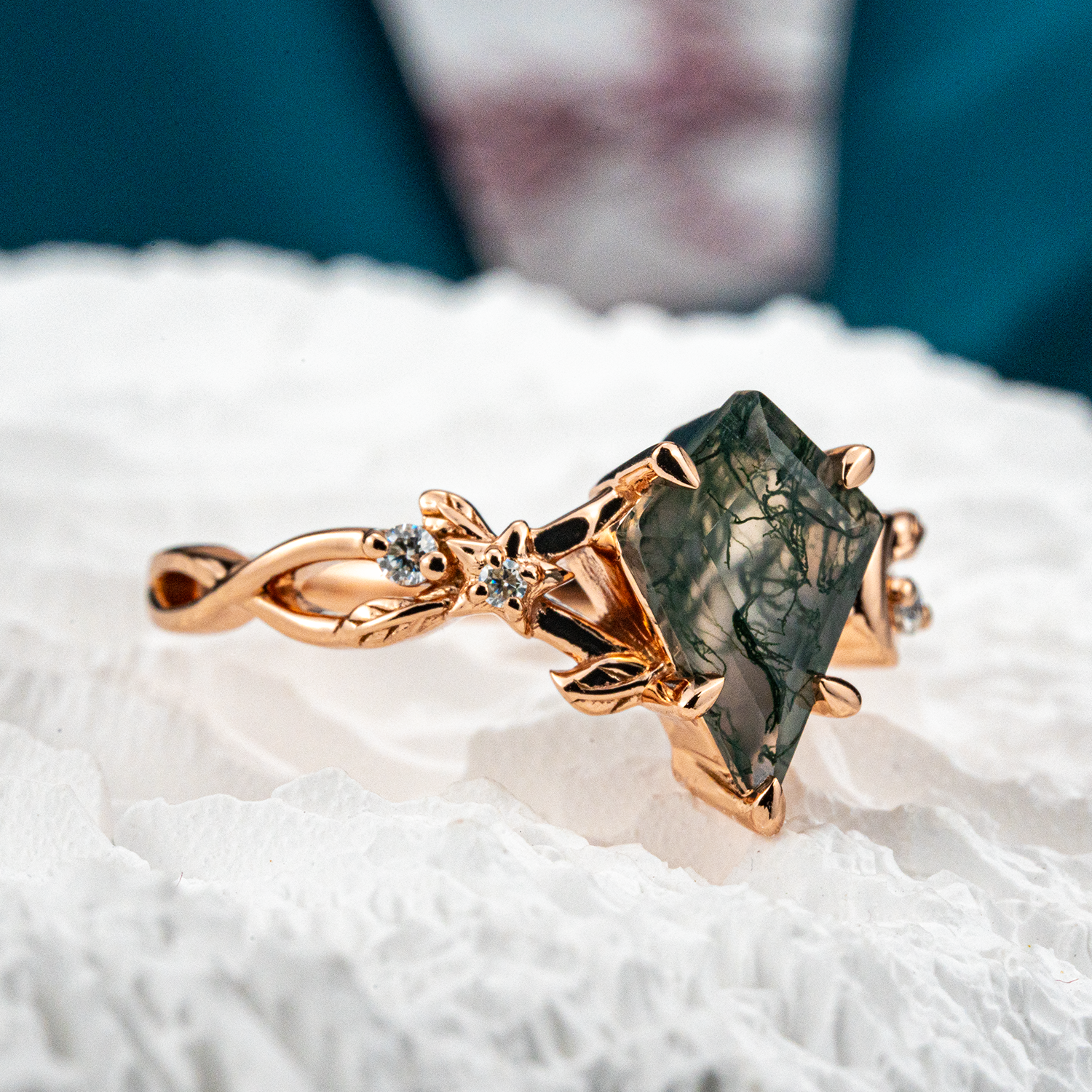 Kite Moss Agate Leaf Engagement Ring Rose Gold Handmade Jewelry Floral Engagement Ring
