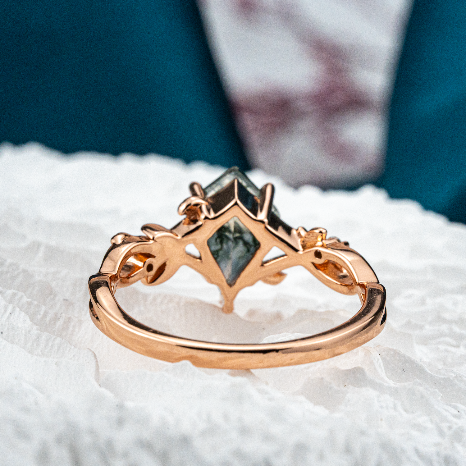 Kite Moss Agate Leaf Engagement Ring Rose Gold Handmade Jewelry Floral Engagement Ring