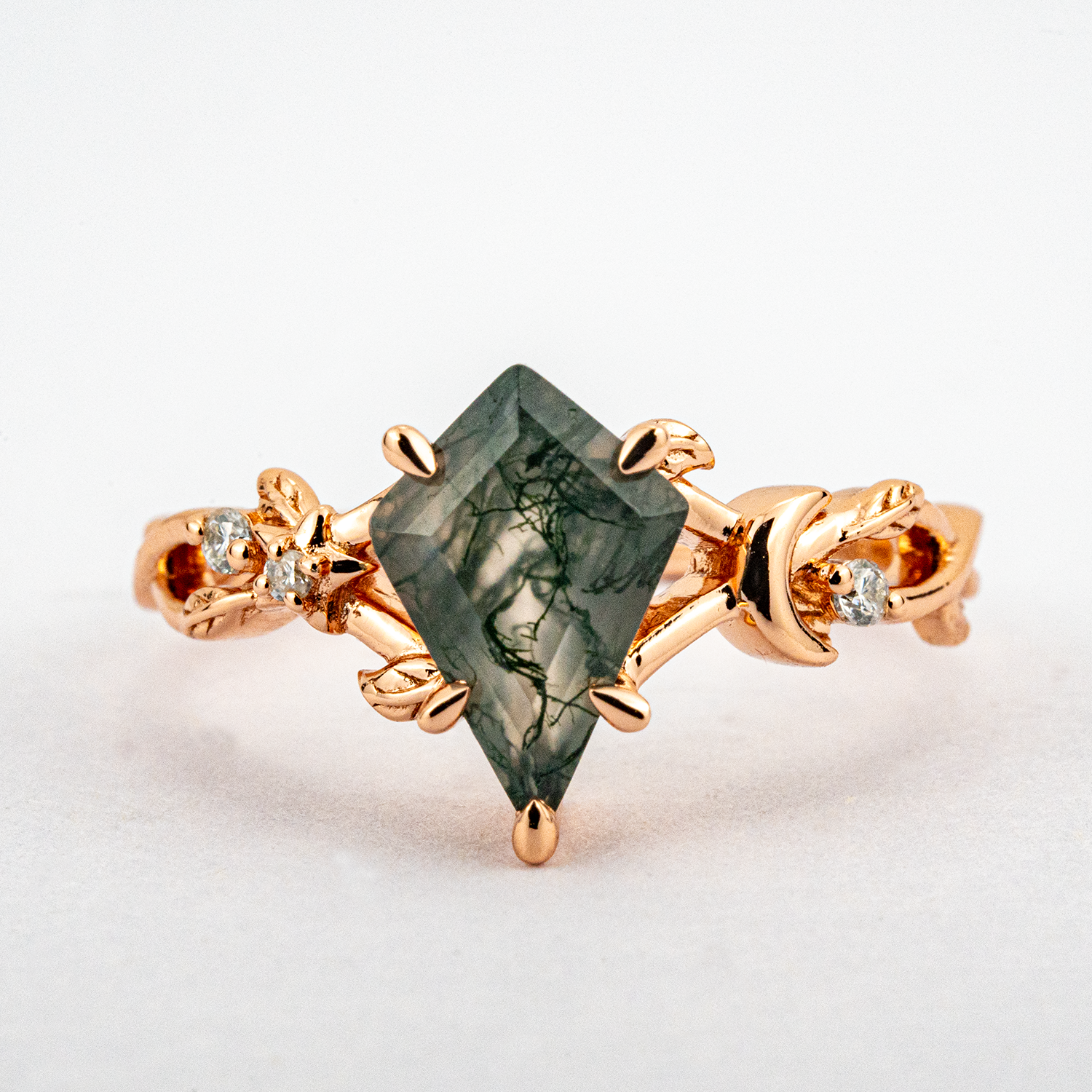 Kite Moss Agate Leaf Engagement Ring Rose Gold Handmade Jewelry Floral Engagement Ring