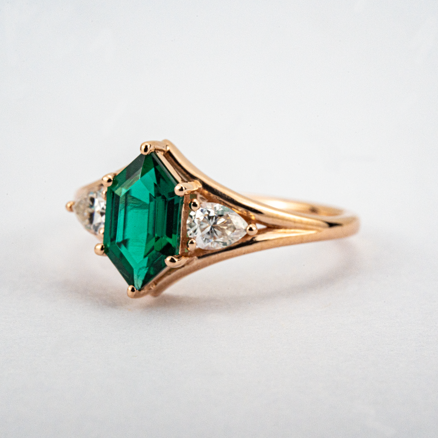 Long Hexagon Cultured Emerald Moissanite Engagement Ring Three Stone Ring