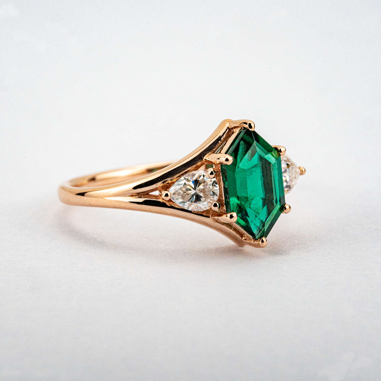 Long Hexagon Cultured Emerald Moissanite Engagement Ring Three Stone Ring