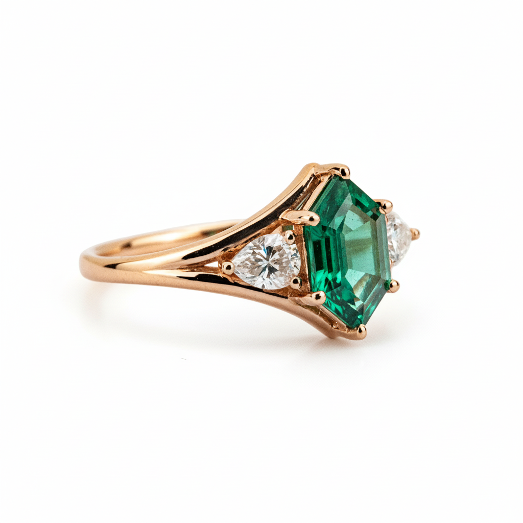 Lifestyle view of Long Hexagon Emerald Engagement Ring in Gold