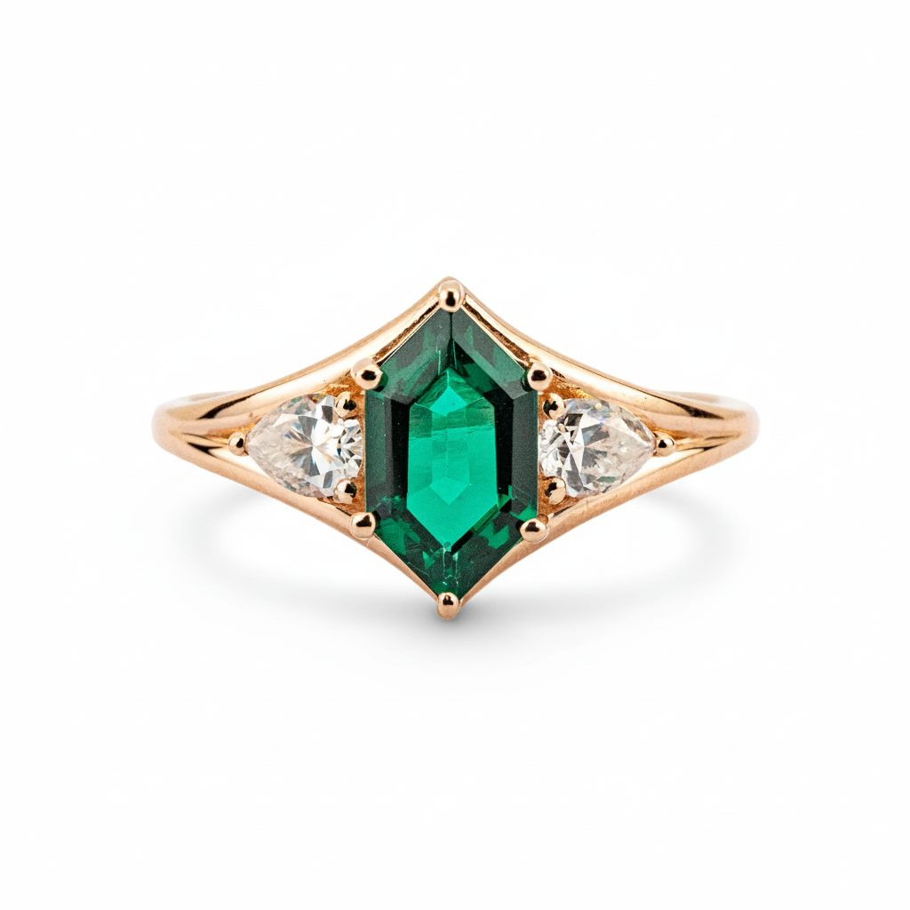 Lifestyle view of Long Hexagon Emerald Engagement Ring in Gold