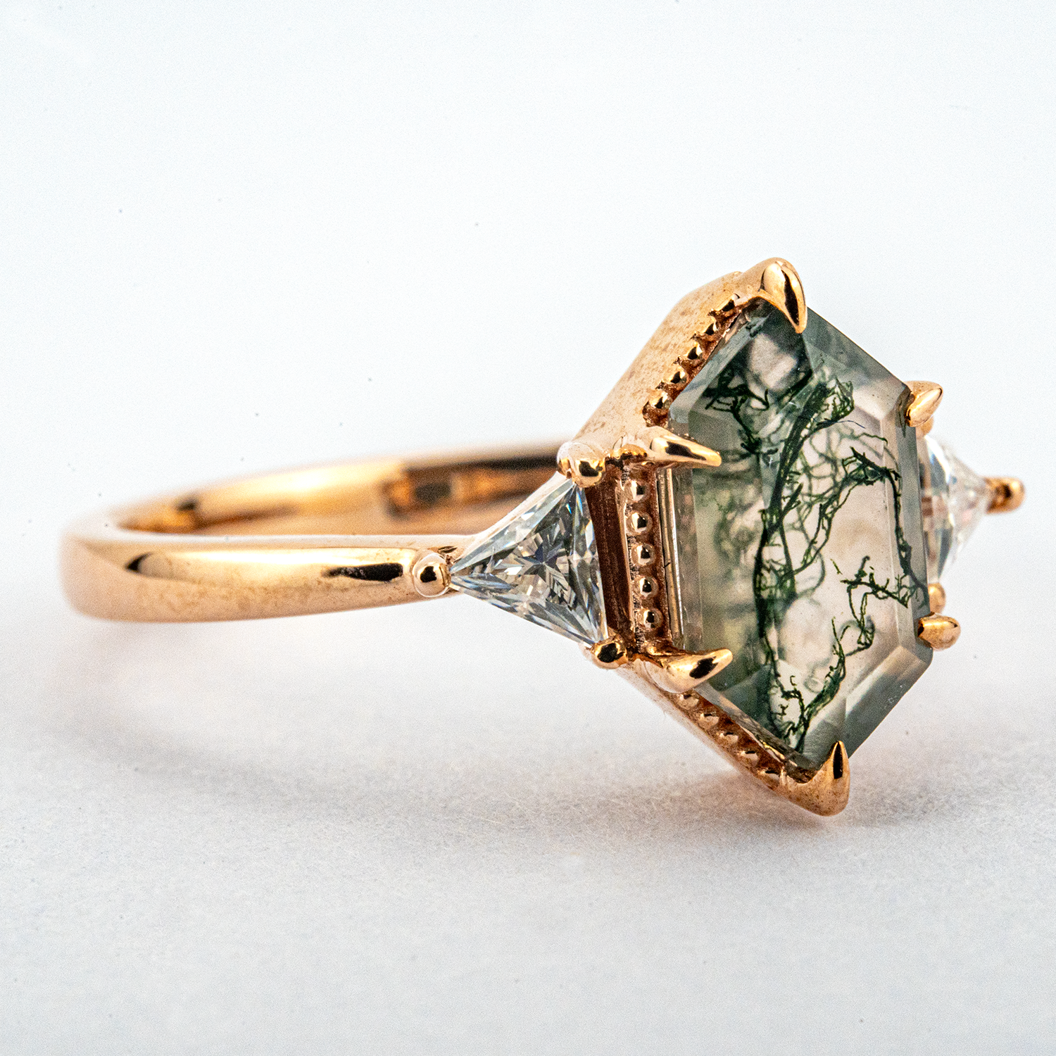 Long Hexagon Moss Agate Three Stone Ring Rose Gold Wedding Agate Engagement Ring