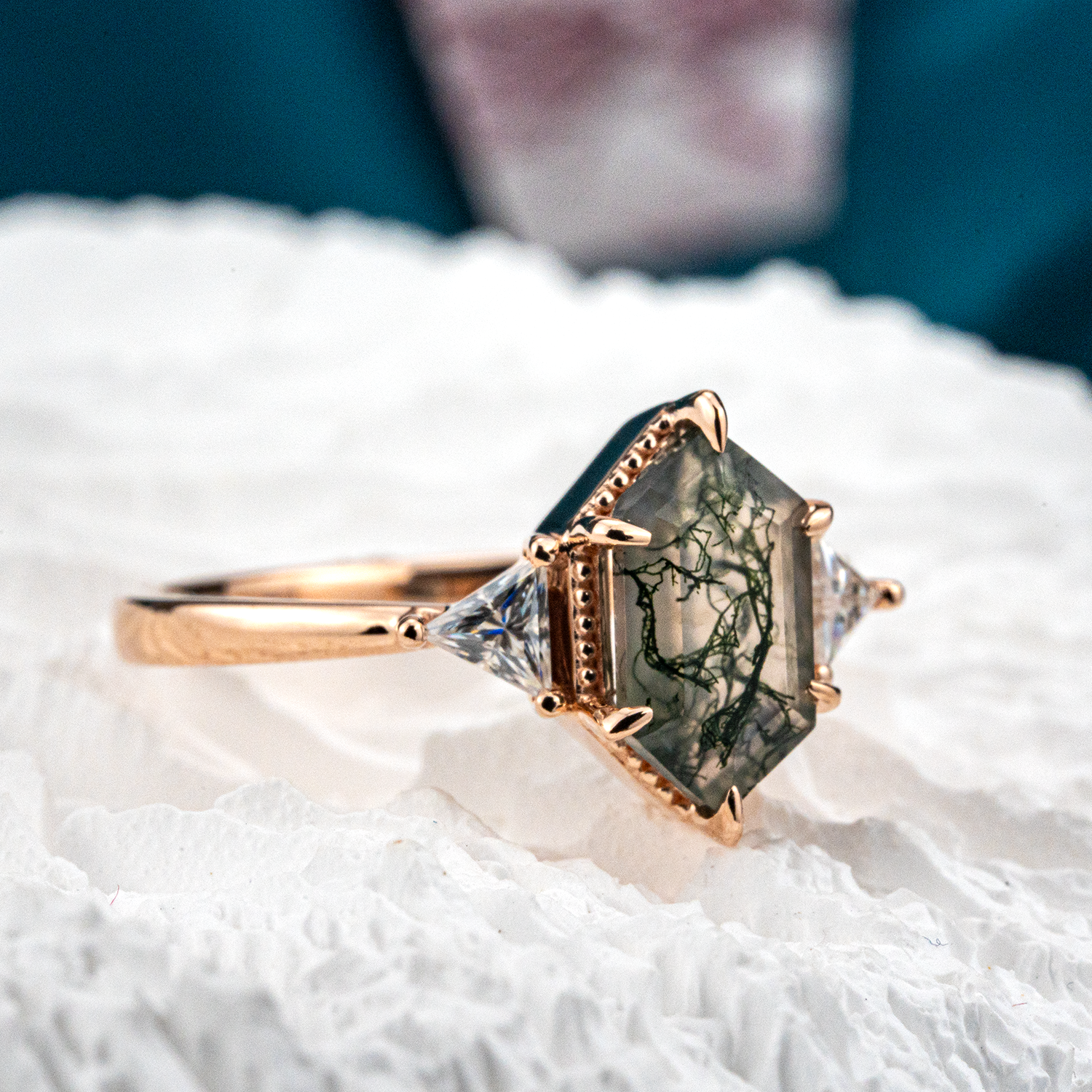 Long Hexagon Moss Agate Three Stone Ring Rose Gold Wedding Agate Engagement Ring