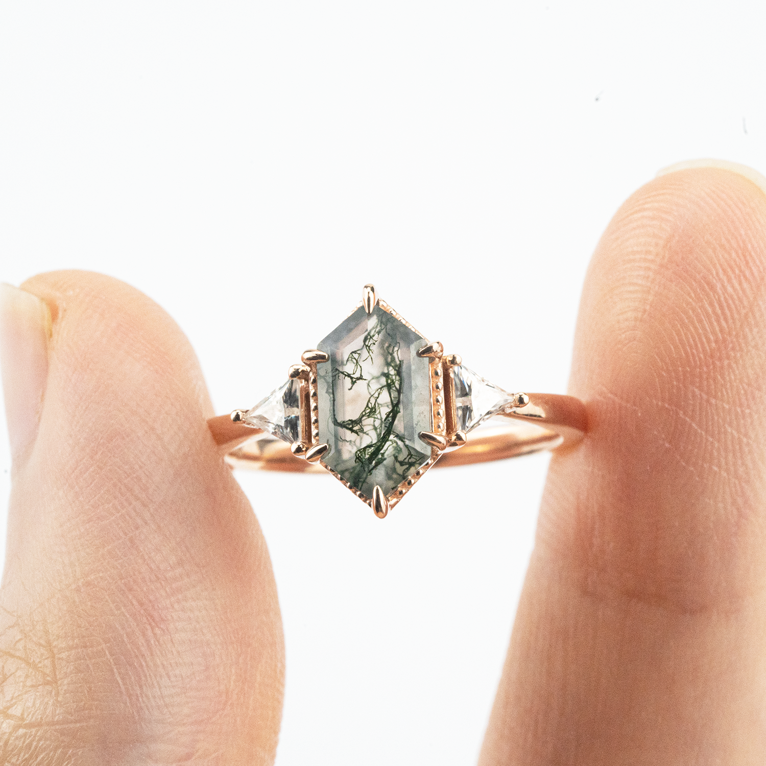 Long Hexagon Moss Agate Three Stone Ring Rose Gold Wedding Agate Engagement Ring