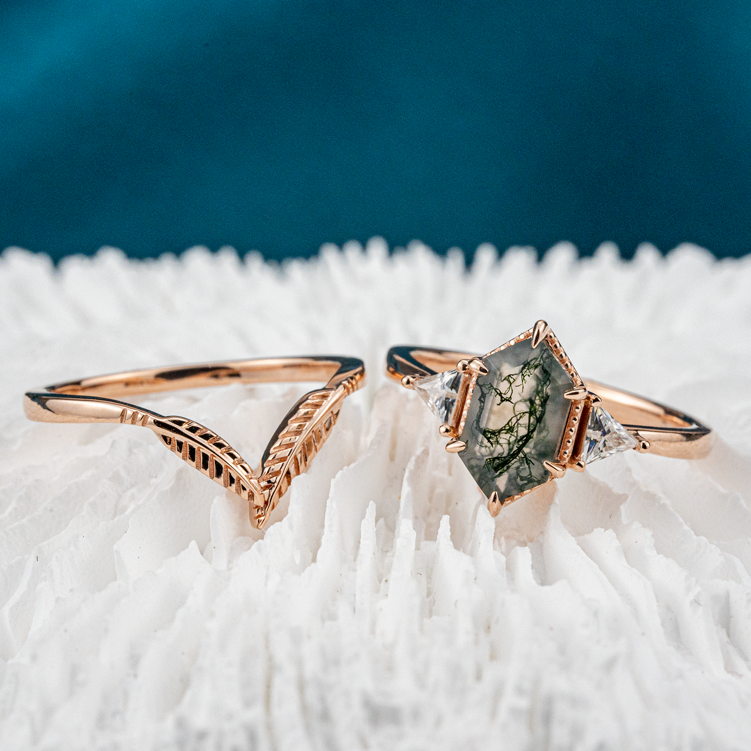 Long Hexagonal Moss Agate Leaf Engagement Ring Set Vintage Floral Ring