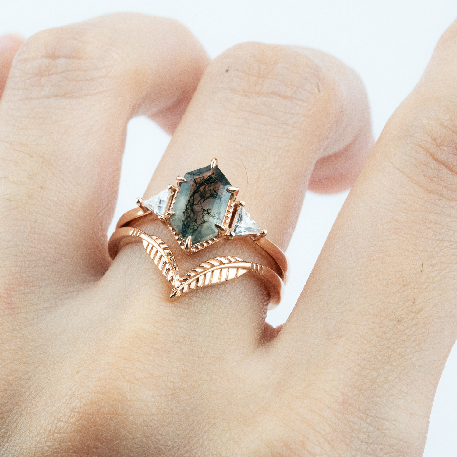 Long Hexagonal Moss Agate Leaf Engagement Ring Set Vintage Floral Ring