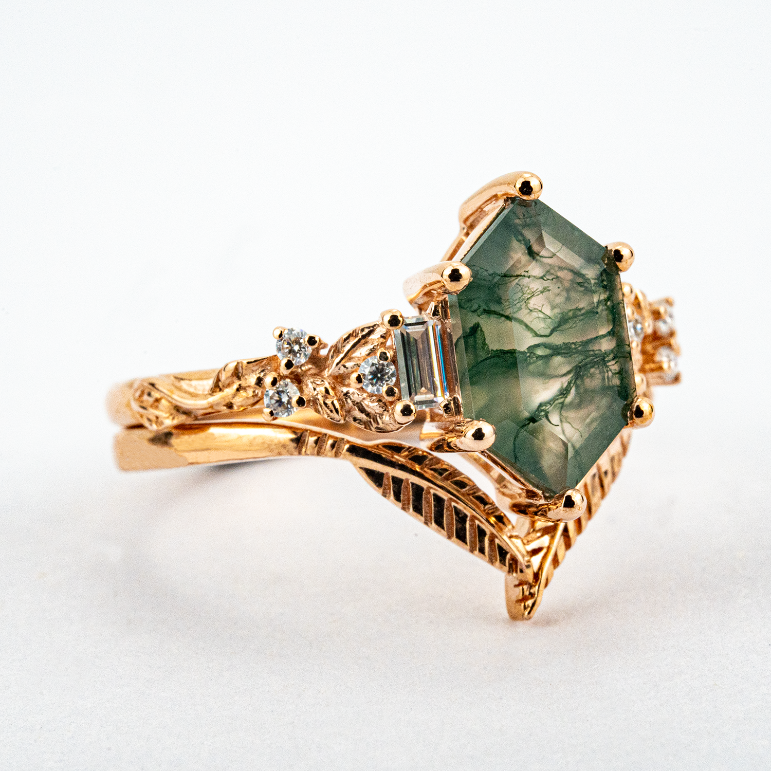 Long Hexagonal Moss Agate Leaf Engagement Ring Set Vintage Floral Ring