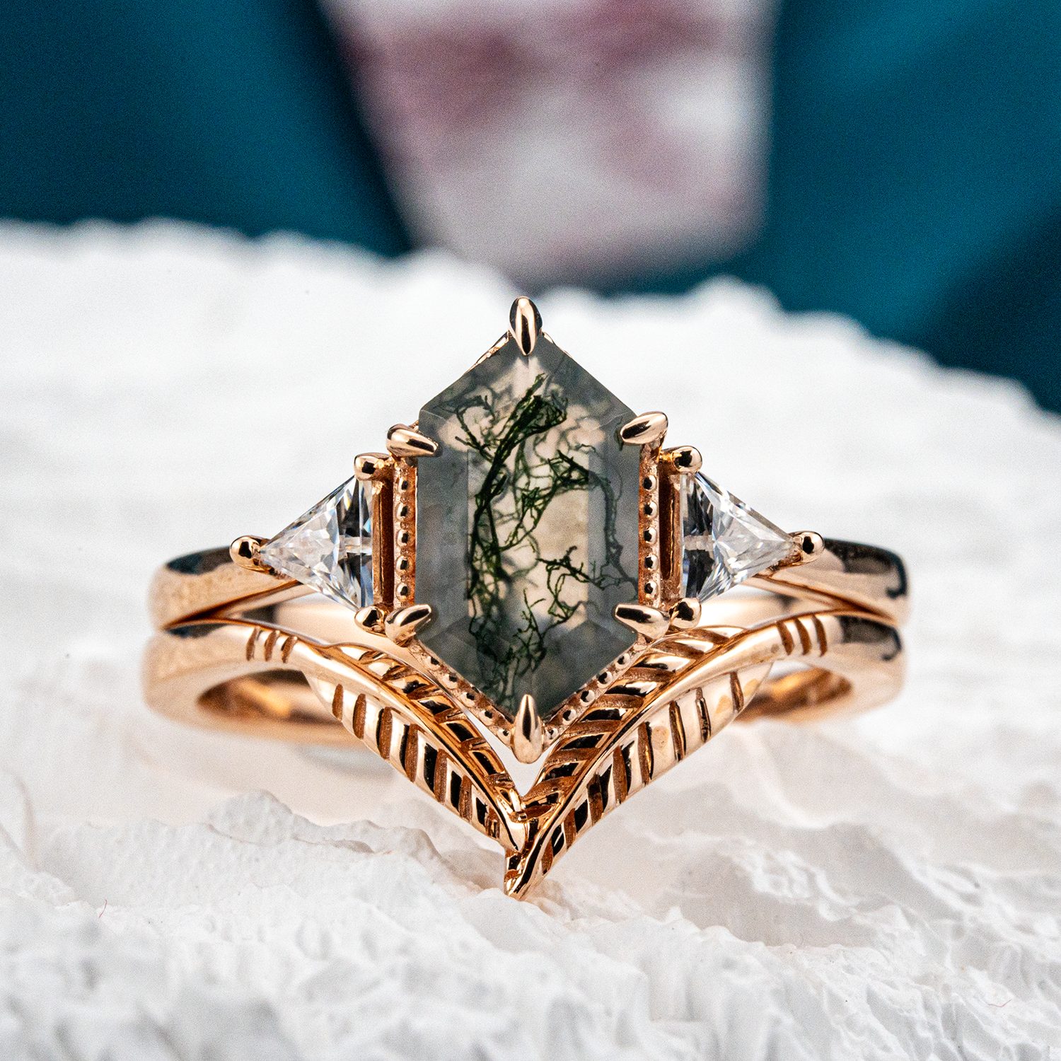 Long Hexagonal Moss Agate Leaf Engagement Ring Set Vintage Floral Ring