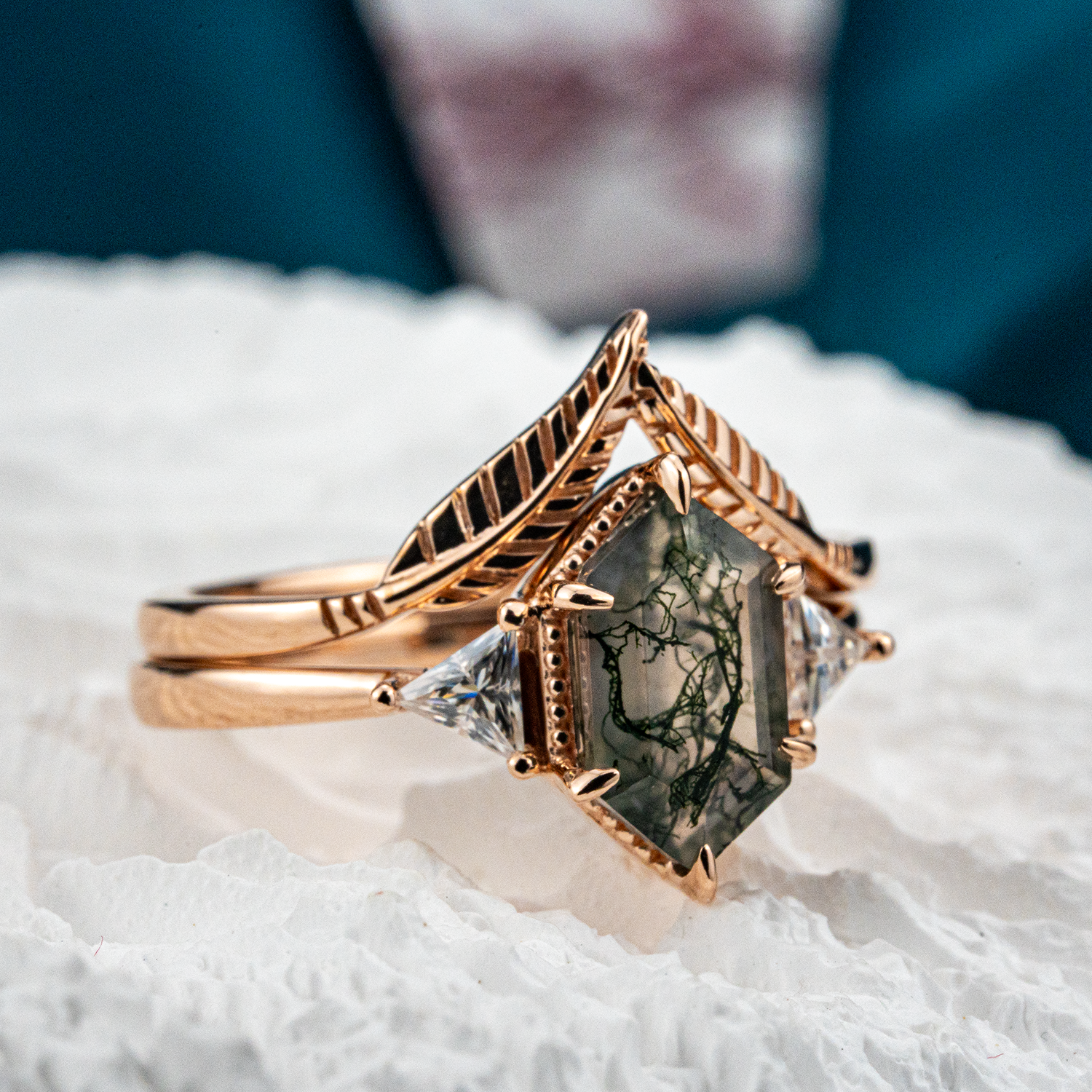 Long Hexagonal Moss Agate Leaf Engagement Ring Set Vintage Floral Ring
