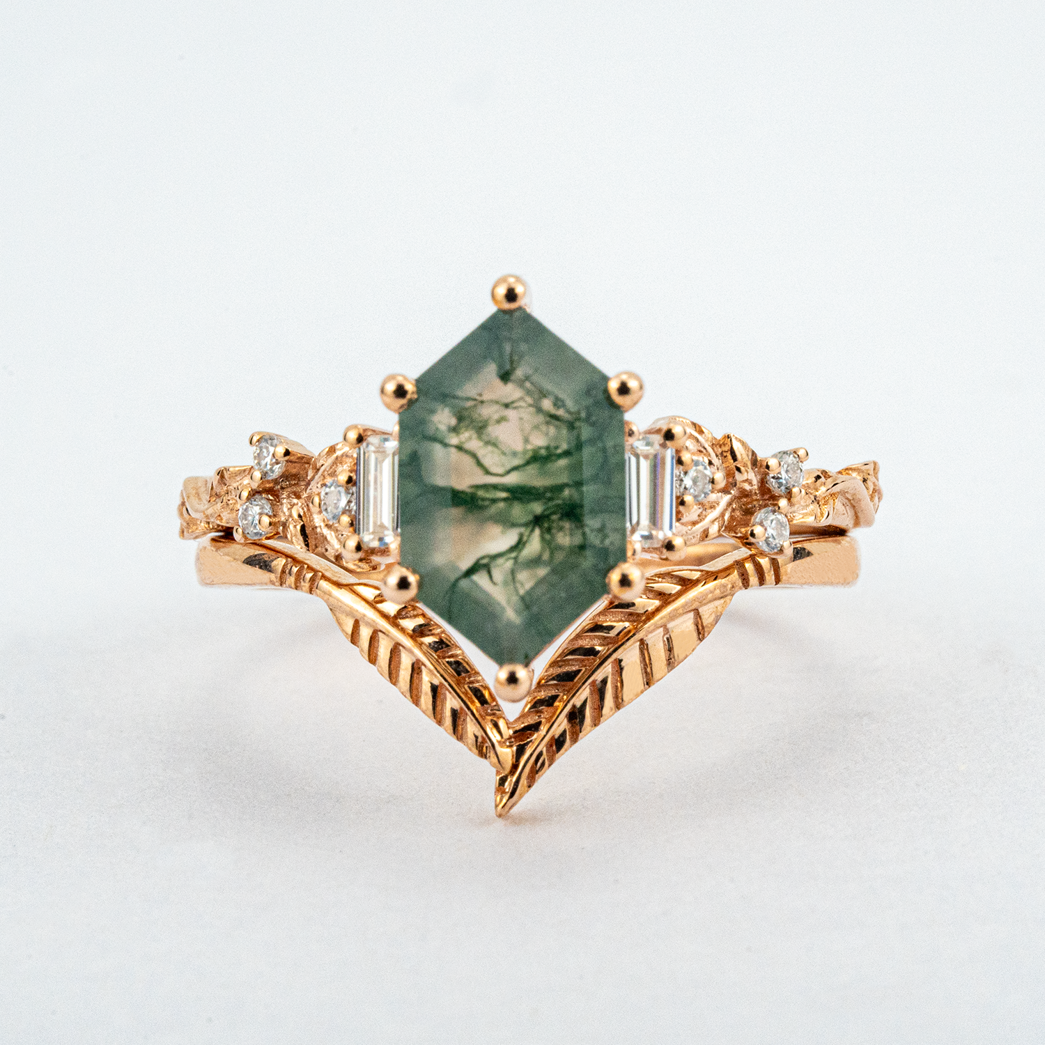 Long Hexagonal Moss Agate Leaf Engagement Ring Set Vintage Floral Ring