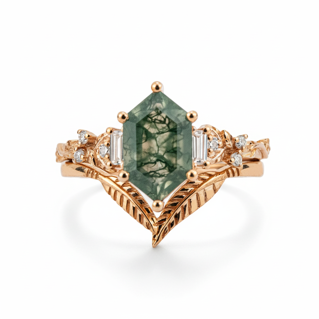 Front view of Long Hexagon Moss Agate Ring Set in Gold