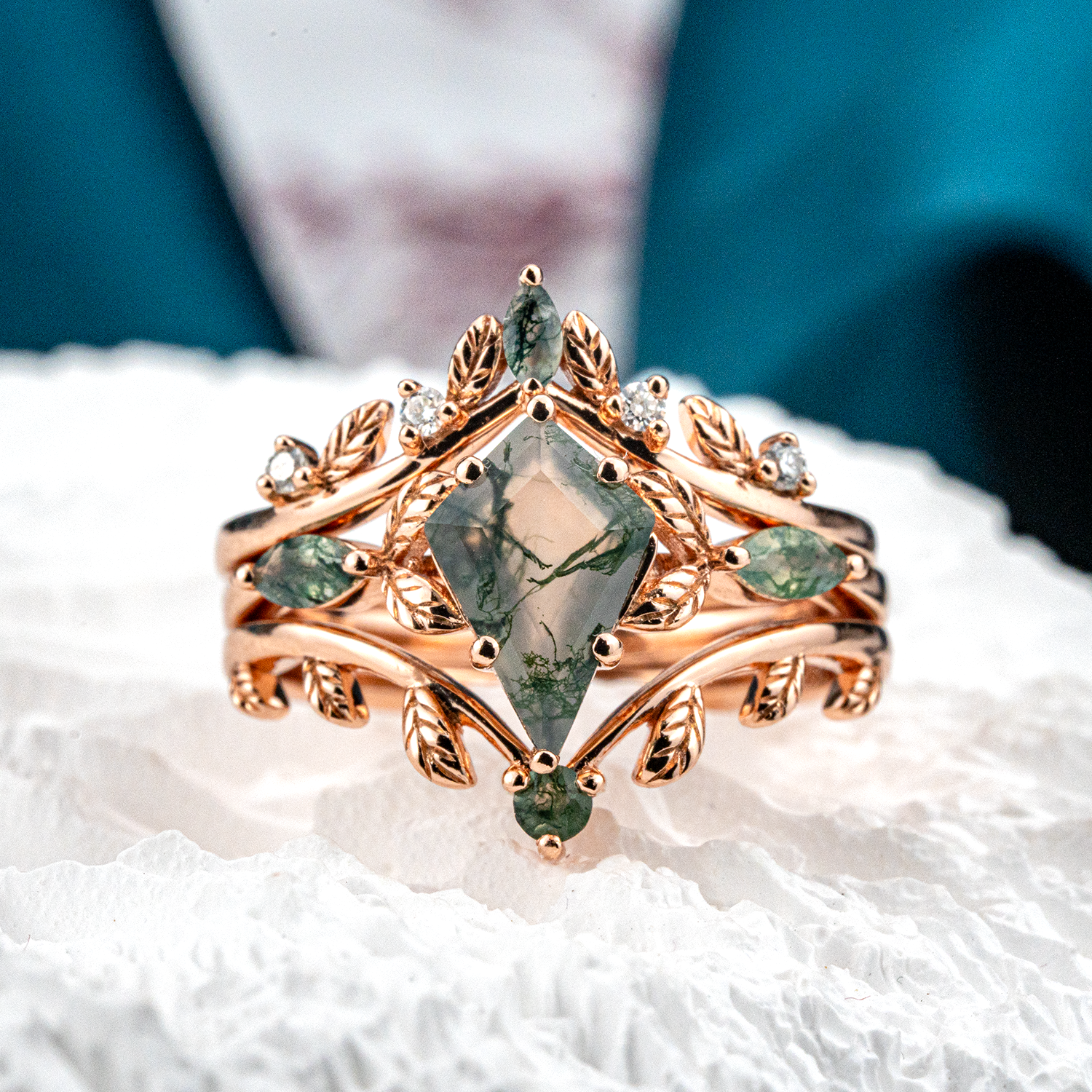 Luxurious Leaf Ring Set Floral Ring Set For Her Agate Enegagement Ring Vintage Ring