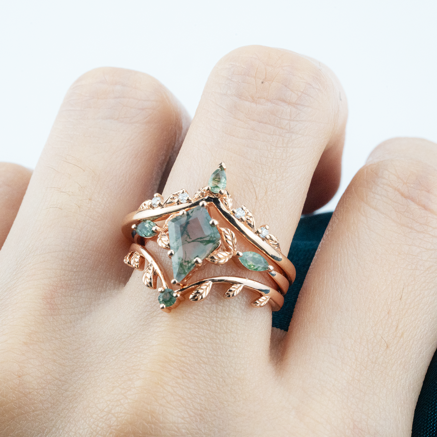 Luxurious Leaf Ring Set Floral Ring Set For Her Agate Enegagement Ring Vintage Ring