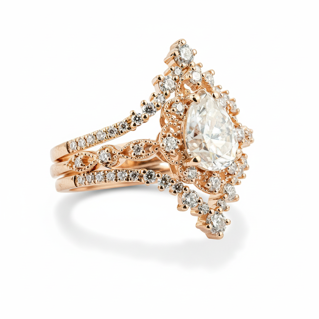 Product view of Pear Moissanite Ring Set in Rose Gold