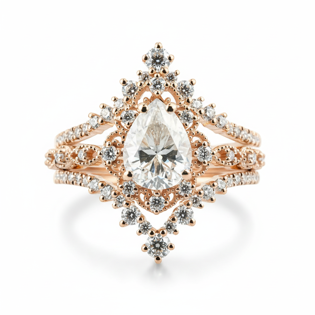 Luxurious Pear Shape Moissanite Rose Gold Three-Piece Set Unique Design Engagement Rings