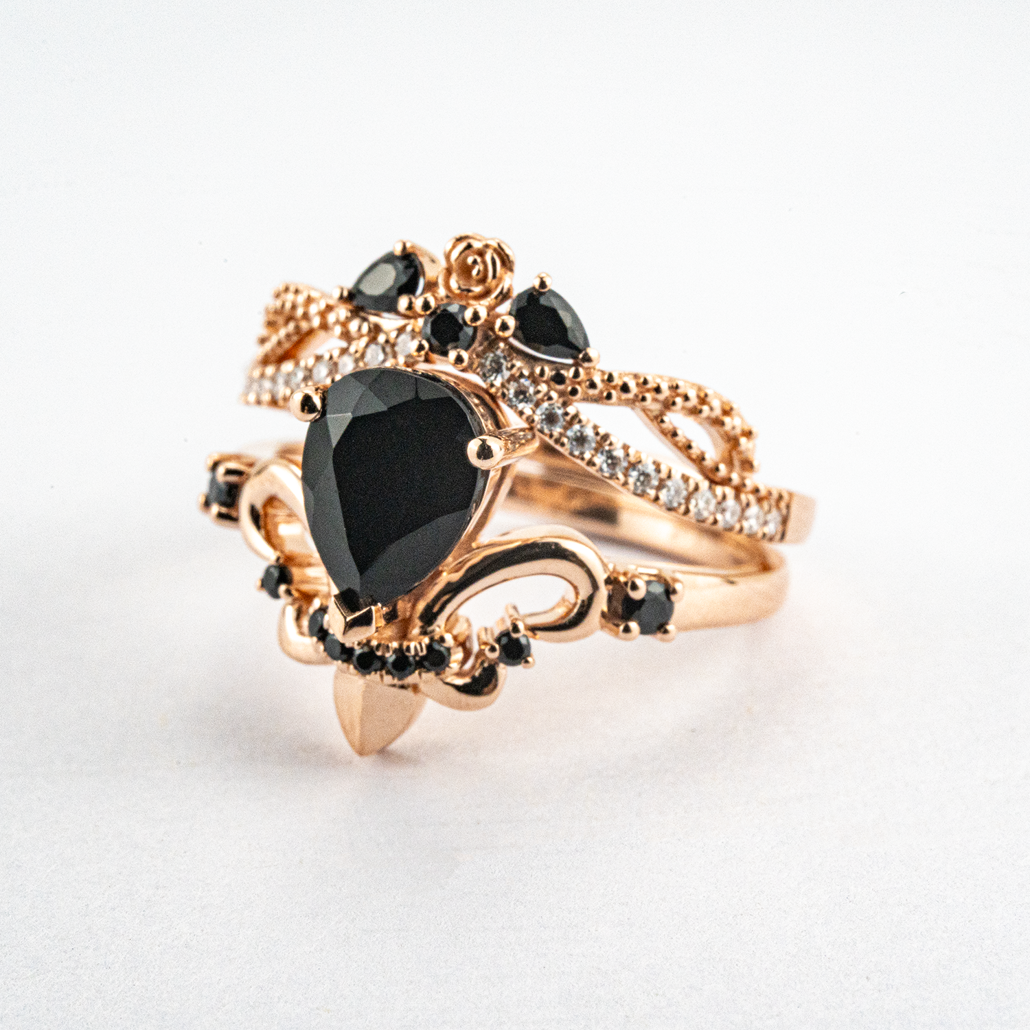 Luxury Pear Shape Black Onyx Ring Set with Moissanite/Diamond Statement Ring Set