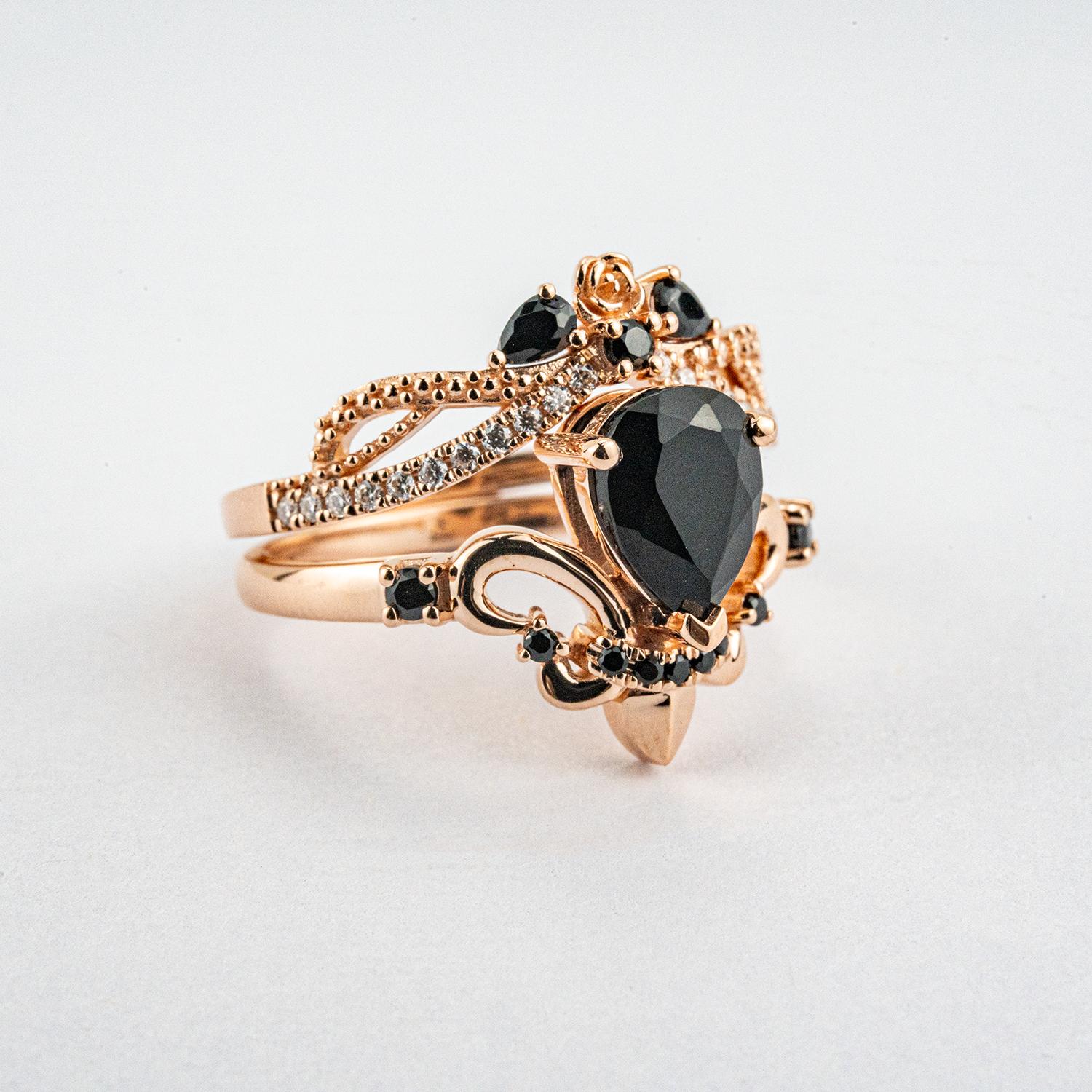 Luxury Pear Shape Black Onyx Ring Set with Moissanite/Diamond Statement Ring Set