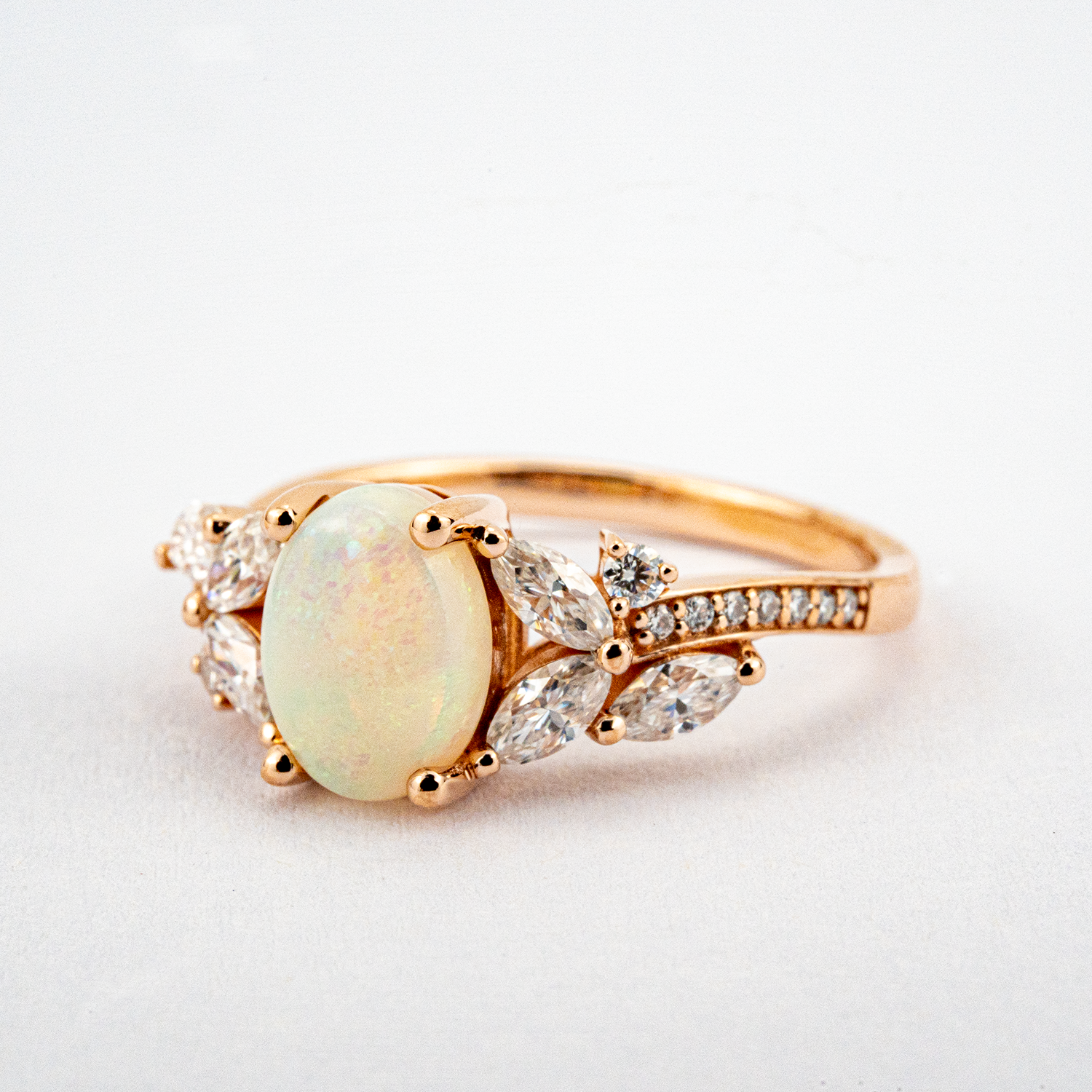 Natural Oval Opal and Moissanite Bridal Engagement Ring Art Deco Ring