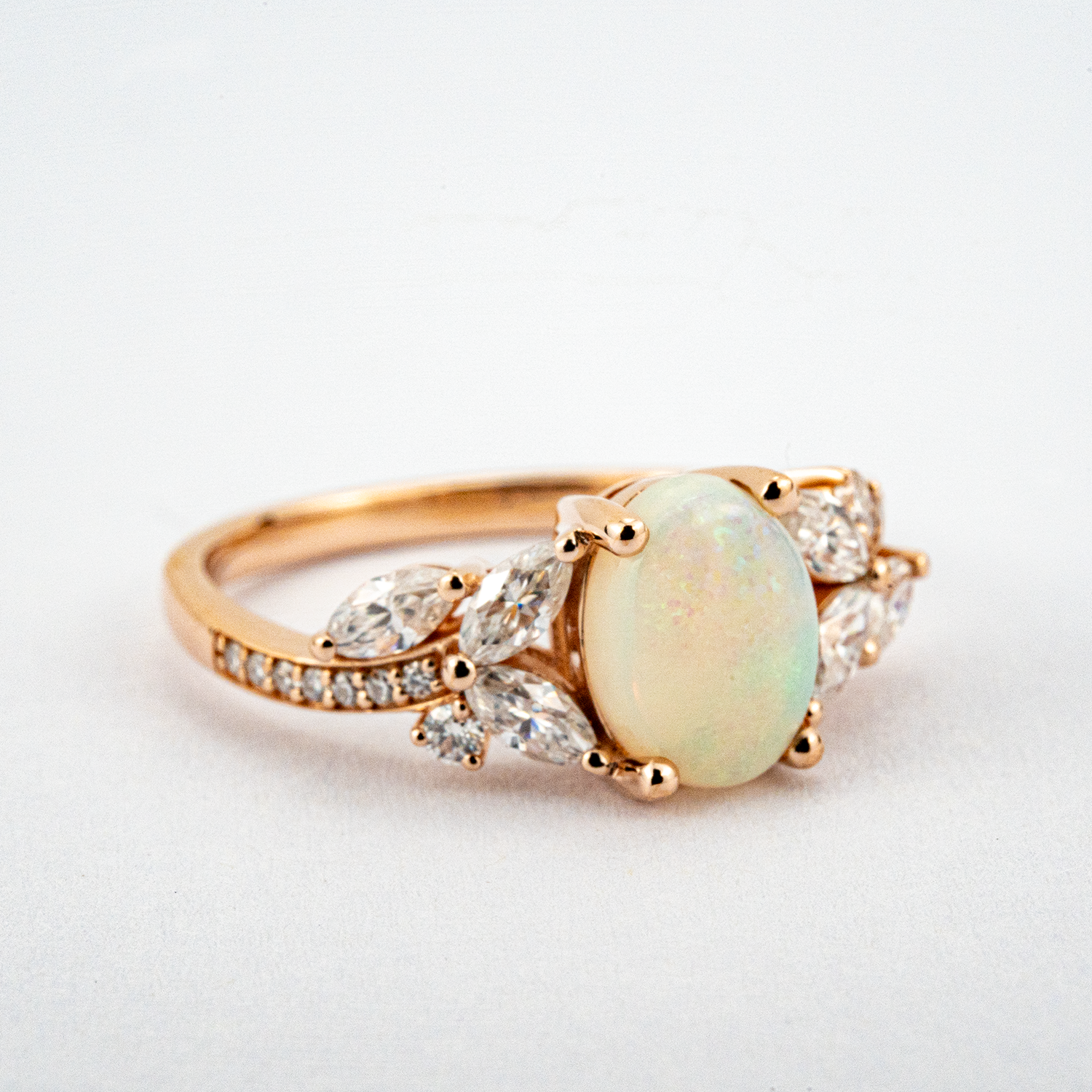 Natural Oval Opal and Moissanite Bridal Engagement Ring Art Deco Ring