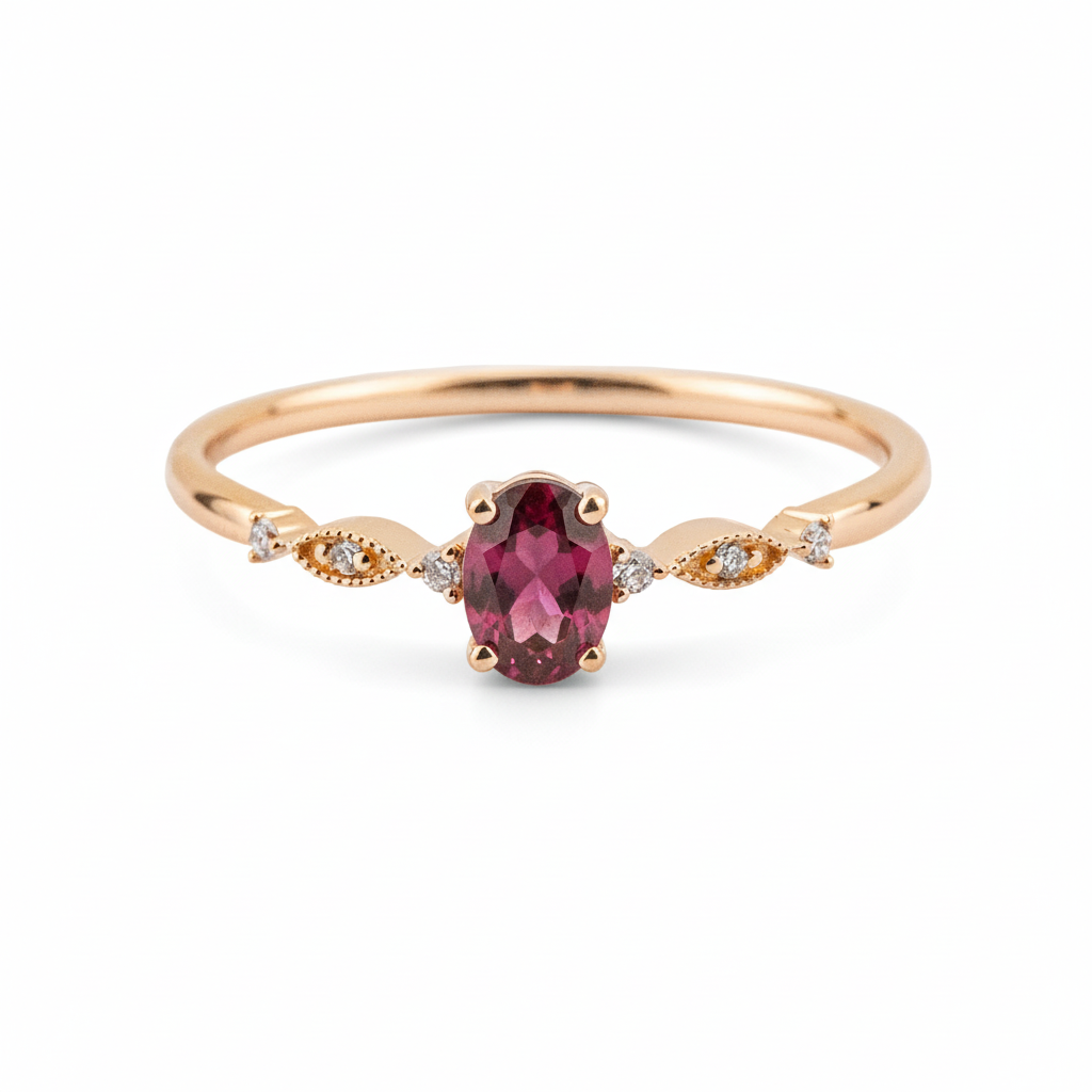 Oval Garnet with Diamond Rose Gold Simple Ring Engagement Ring Wedding Ring
