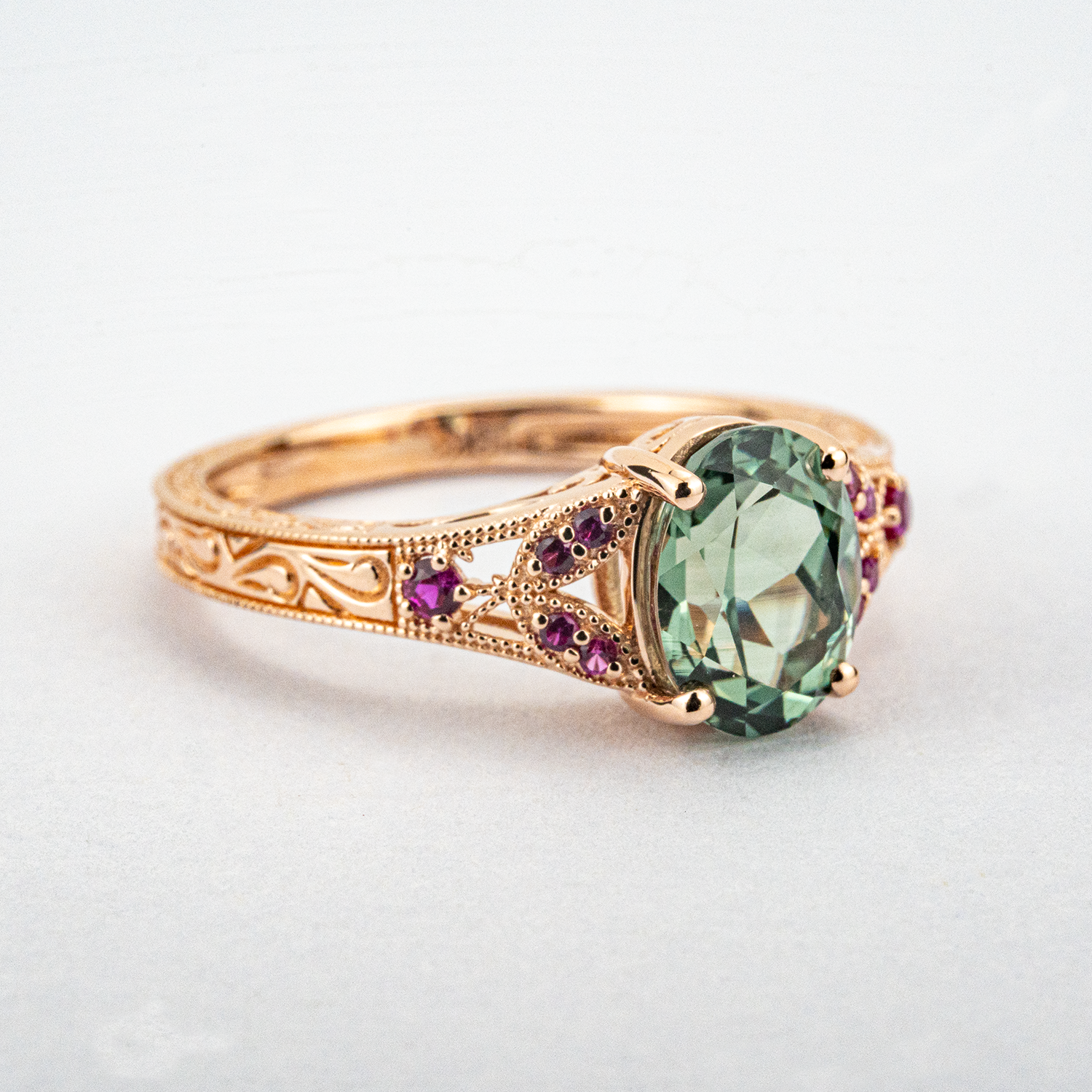 Oval Lab Grown Emerald with Amethyst Rose Gold Ring Floral Engagement Ring