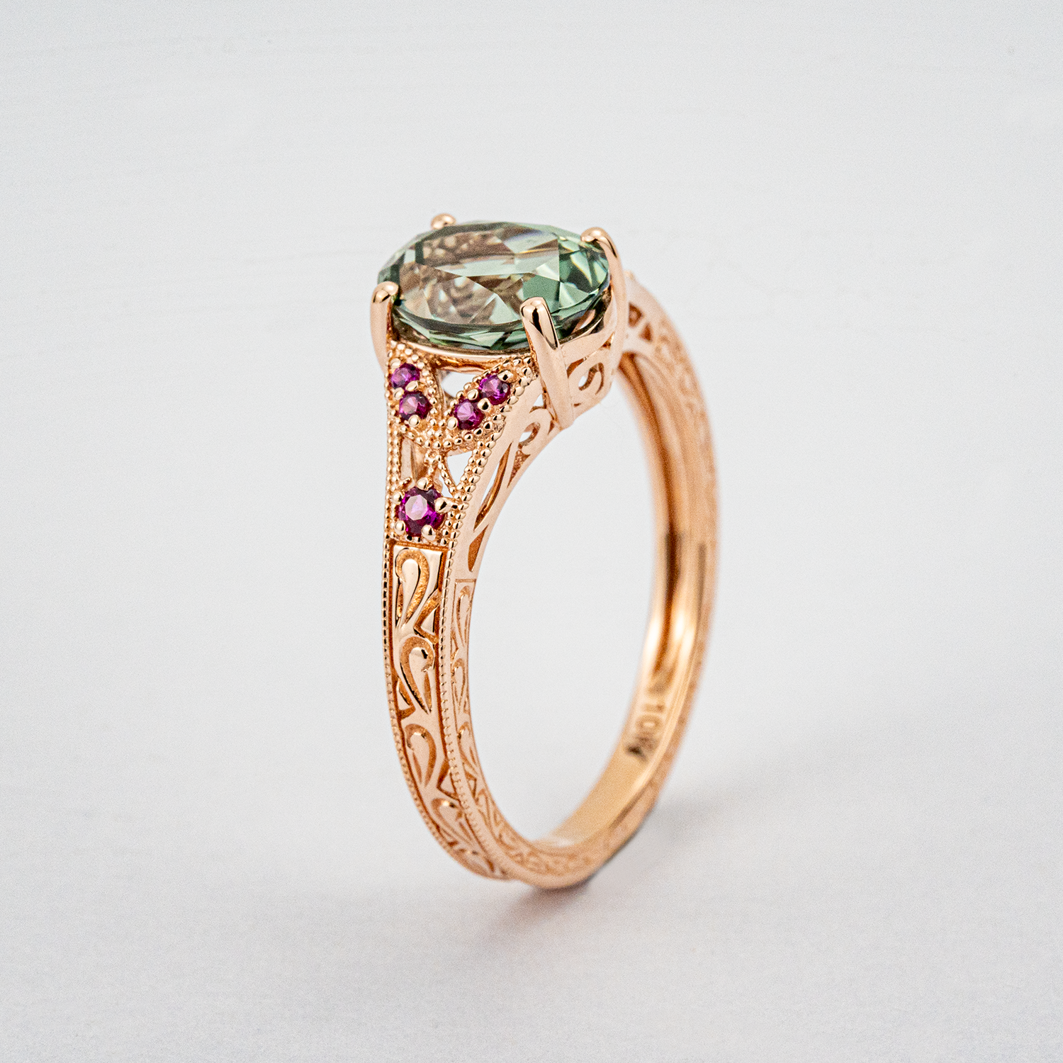 Oval Lab Grown Emerald with Amethyst Rose Gold Ring Floral Engagement Ring