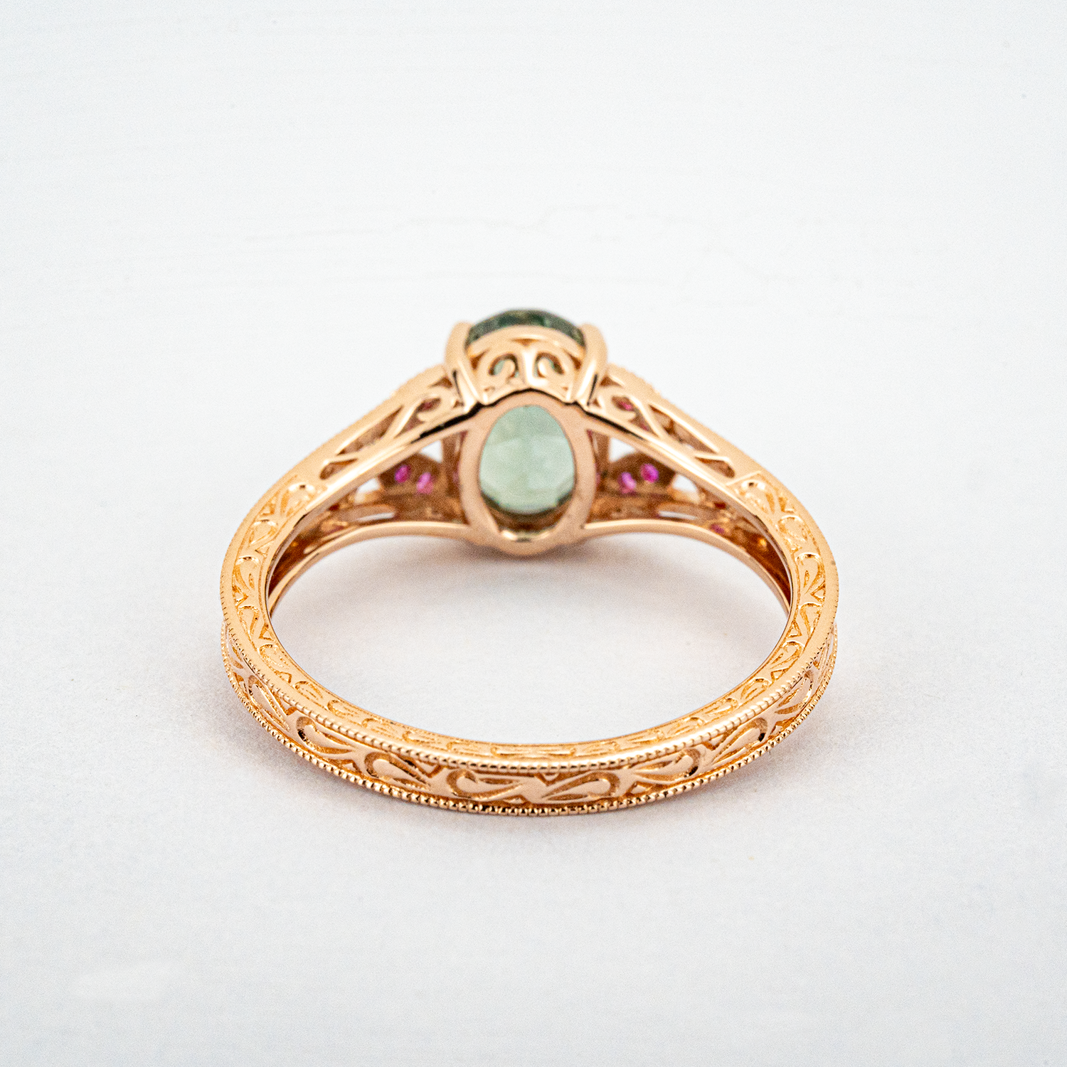 Oval Lab Grown Emerald with Amethyst Rose Gold Ring Floral Engagement Ring