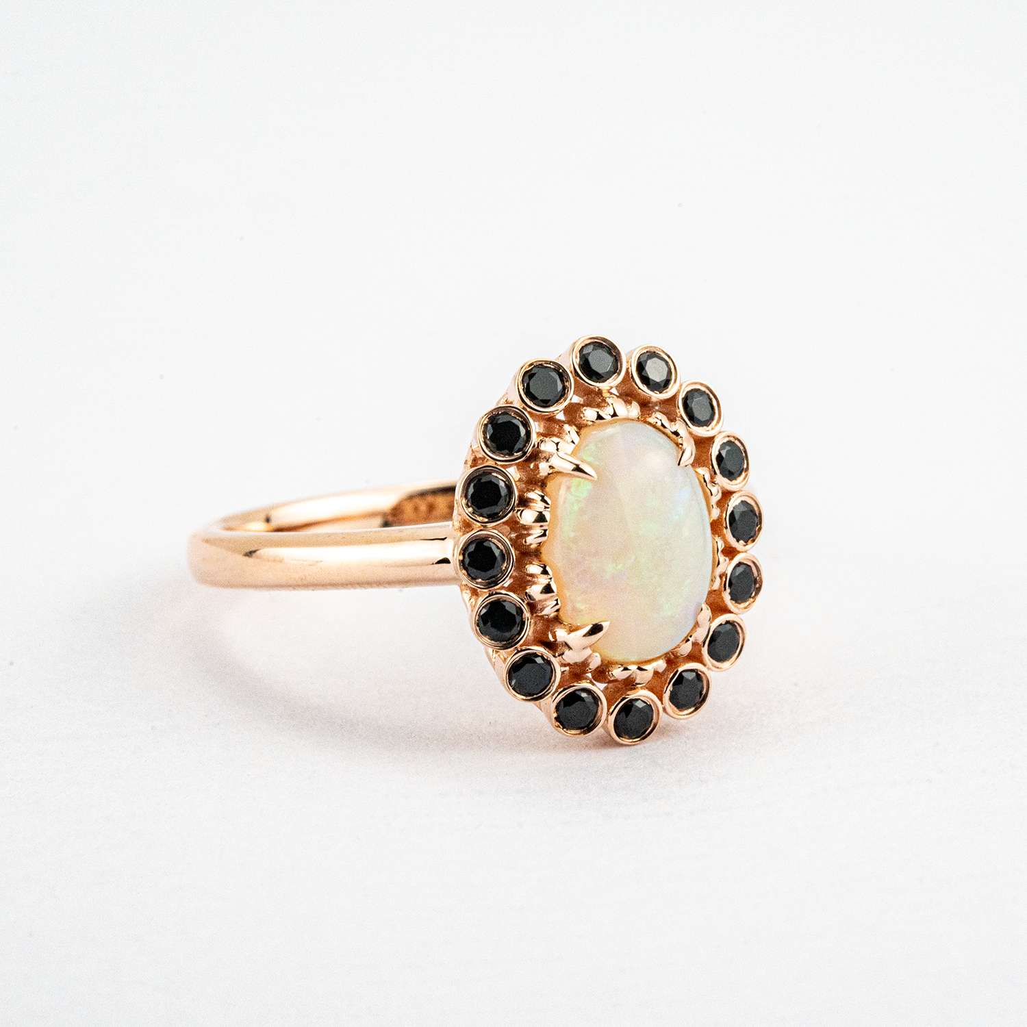 Oval Nature Opal with Black Onyx Rose Gold Unique Ring Opal Engagement Ring