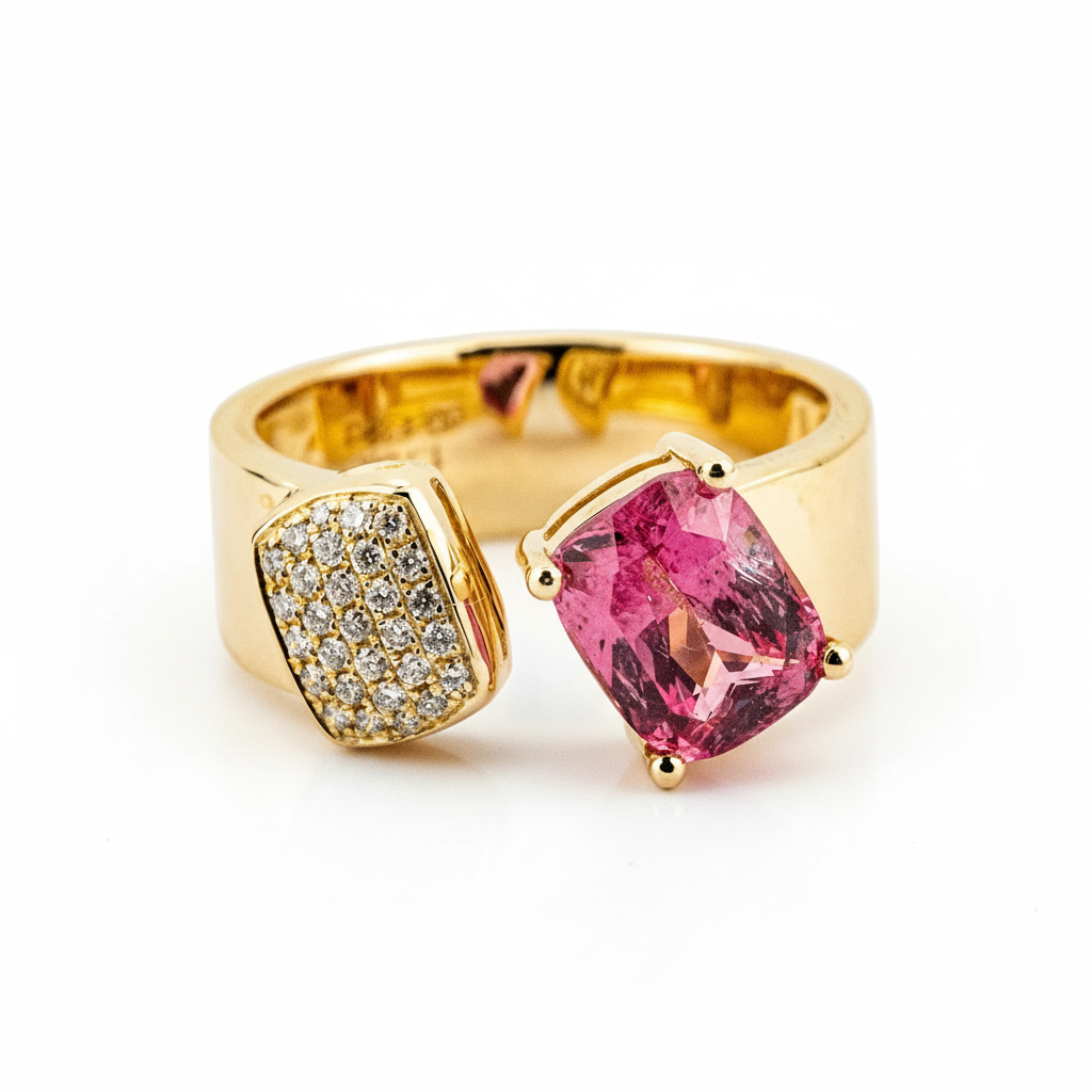 Personalized Double Stone Rings Diamond with Tourmaline Gold Ring Gift For Her