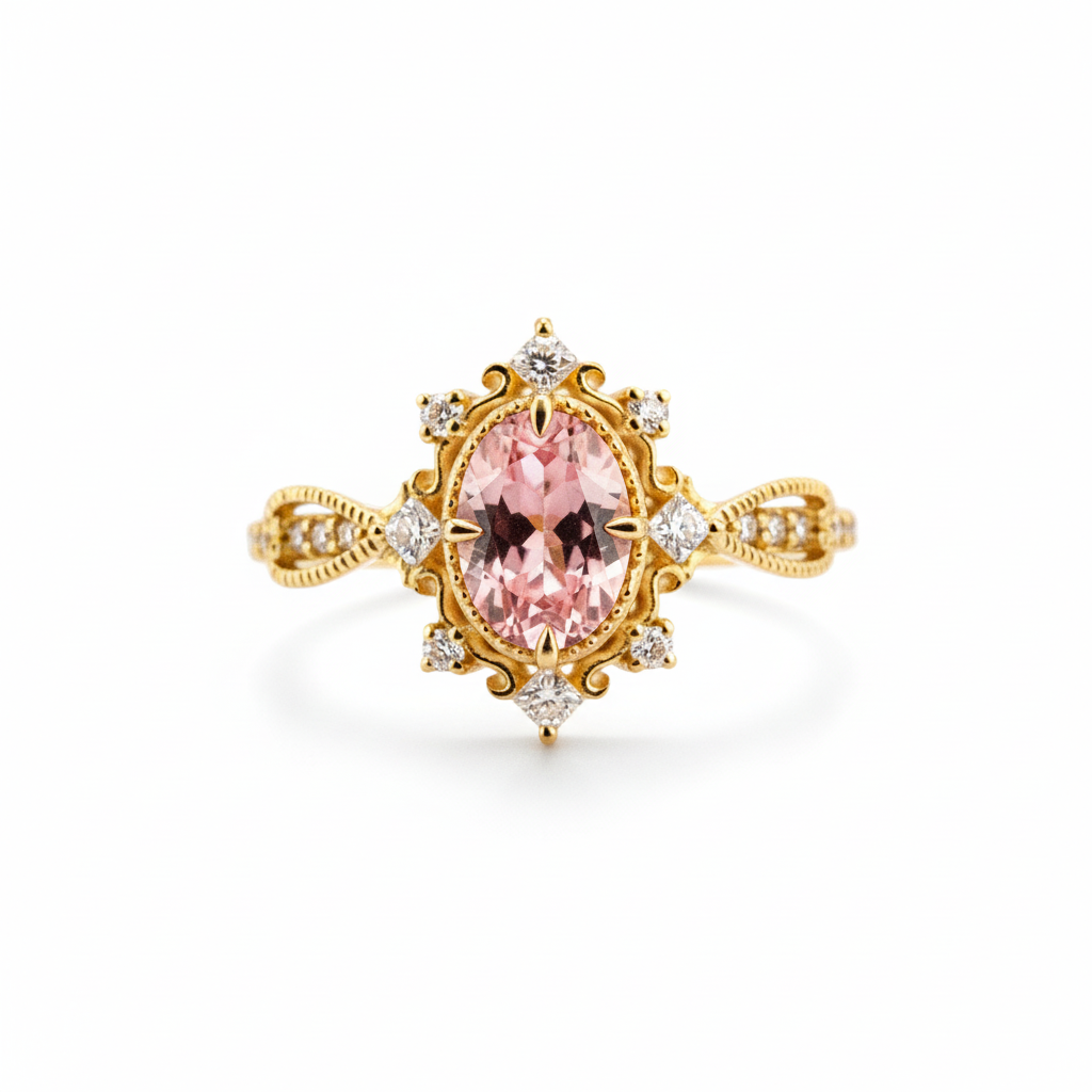 Royal Lab Padparadscha and Diamond Rose Gold Classic Ring Vintage Engagement Rings