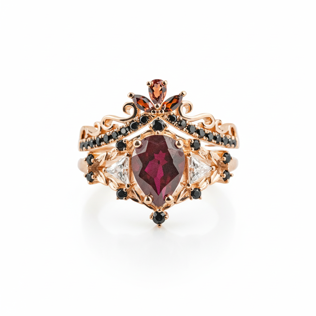 Three-Stone Unique Pear Shaped Garnet Rose Gold Ring Set with Moissanite&Black Onyx Engagement Ring Set