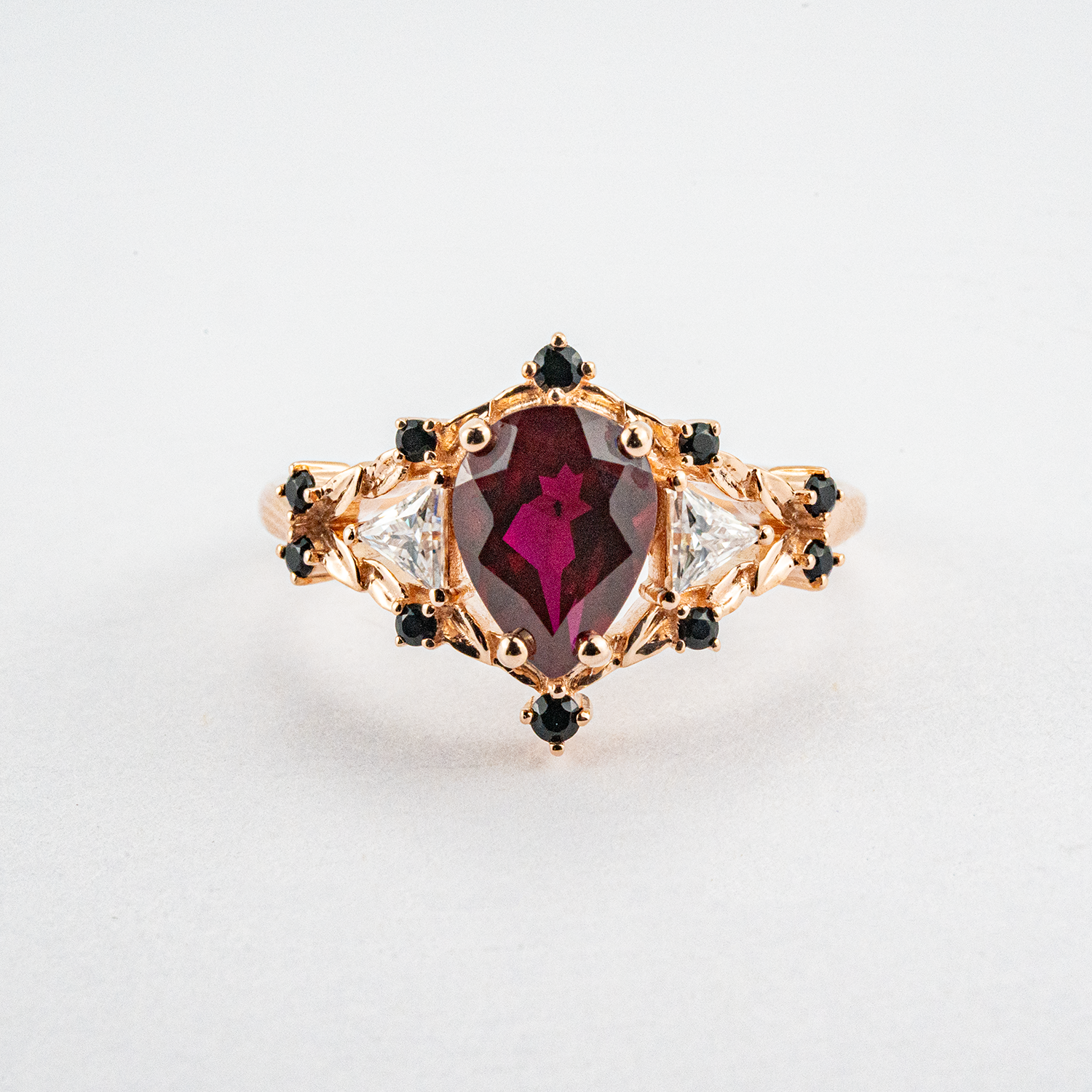 Three-Stone Unique Pear Shaped Garnet Rose Gold Ring with Moissanite&Black Onyx Engagement Ring