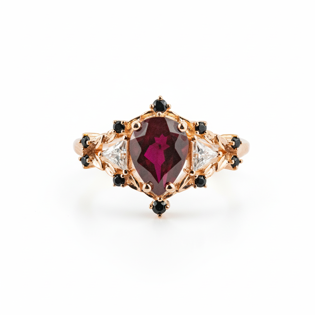 Three-Stone Unique Pear Shaped Garnet Rose Gold Ring with Moissanite&Black Onyx Engagement Ring