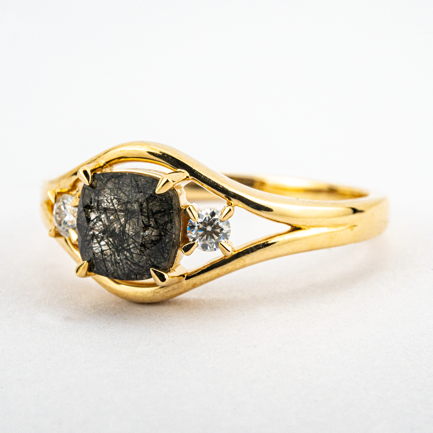 Three Stone - Black Rutilated Quartz Moissanite Personalized Ring Unique Engagement Ring