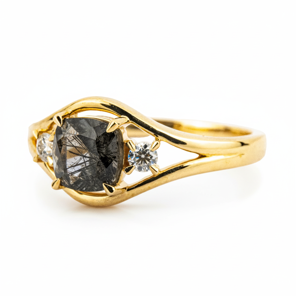 Product view of Black Rutilated Quartz Engagement Ring in Gold