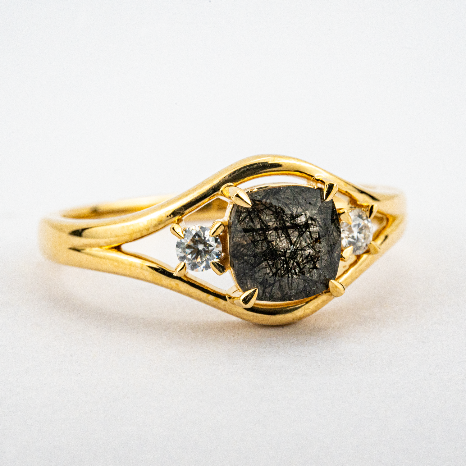 Three Stone - Black Rutilated Quartz Moissanite Personalized Ring Unique Engagement Ring