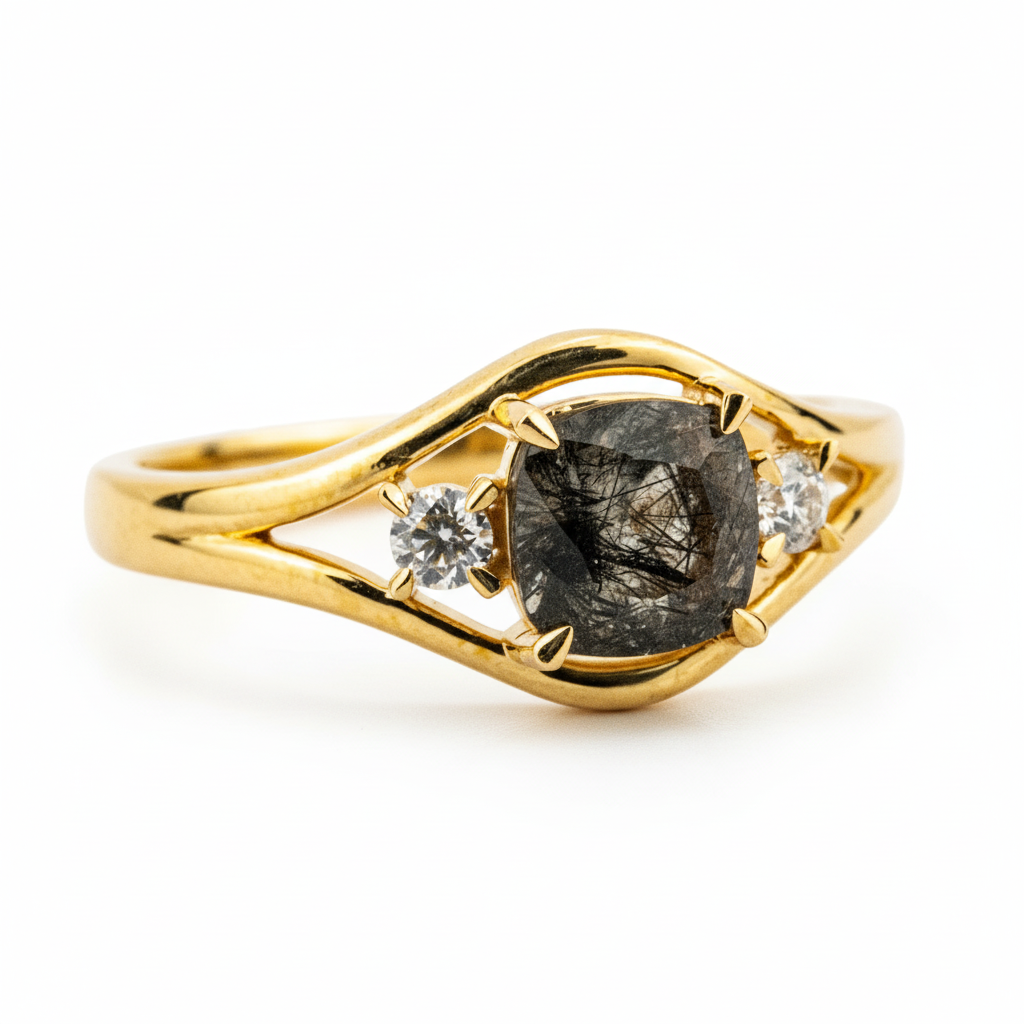 Product view of Black Rutilated Quartz Engagement Ring in Gold