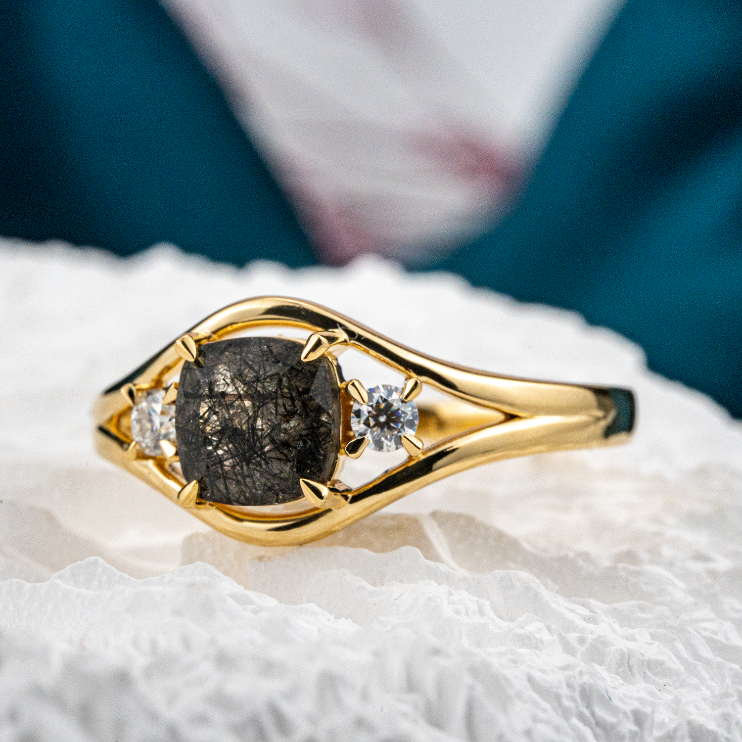 Three Stone - Black Rutilated Quartz Moissanite Personalized Ring Unique Engagement Ring