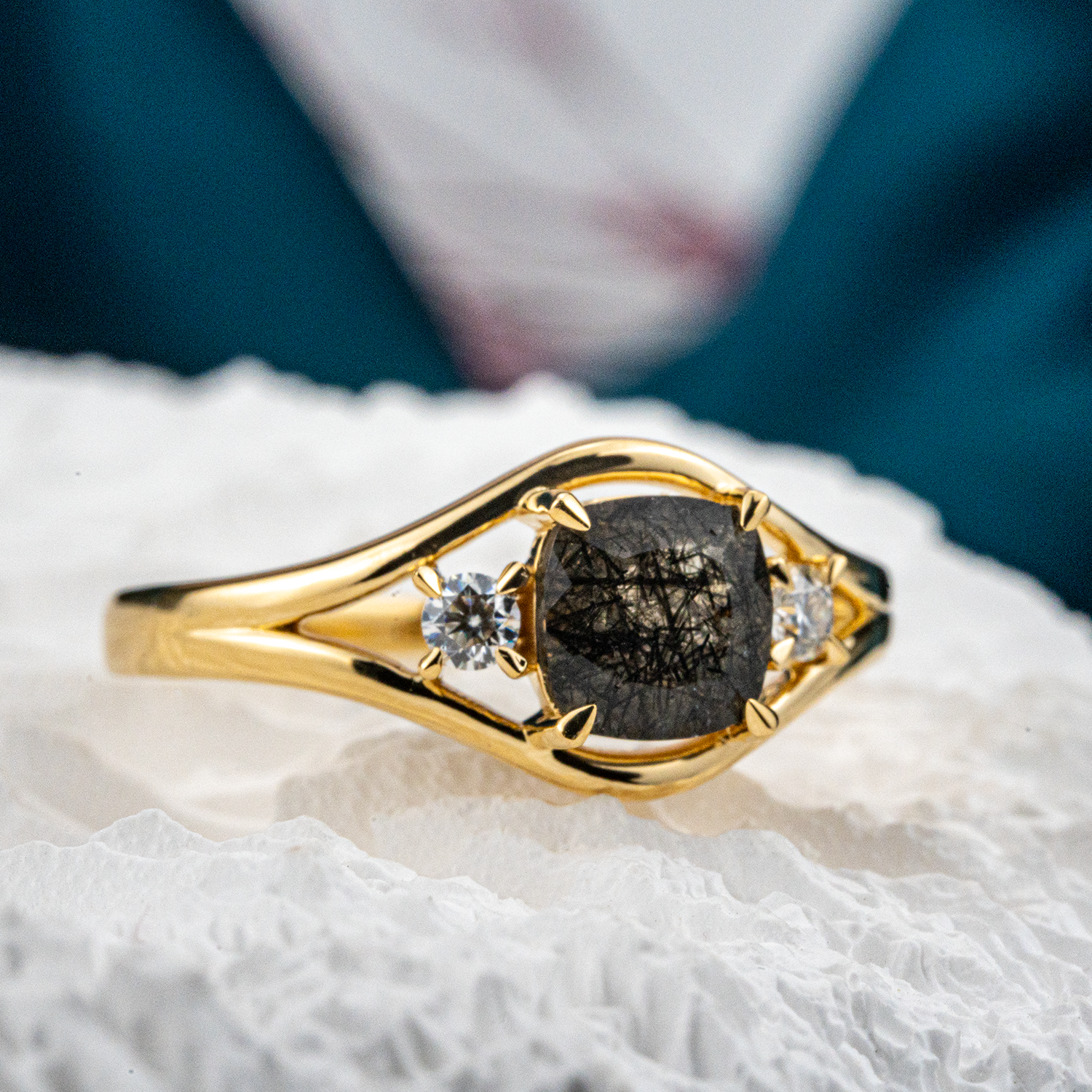 Three Stone - Black Rutilated Quartz Moissanite Personalized Ring Unique Engagement Ring